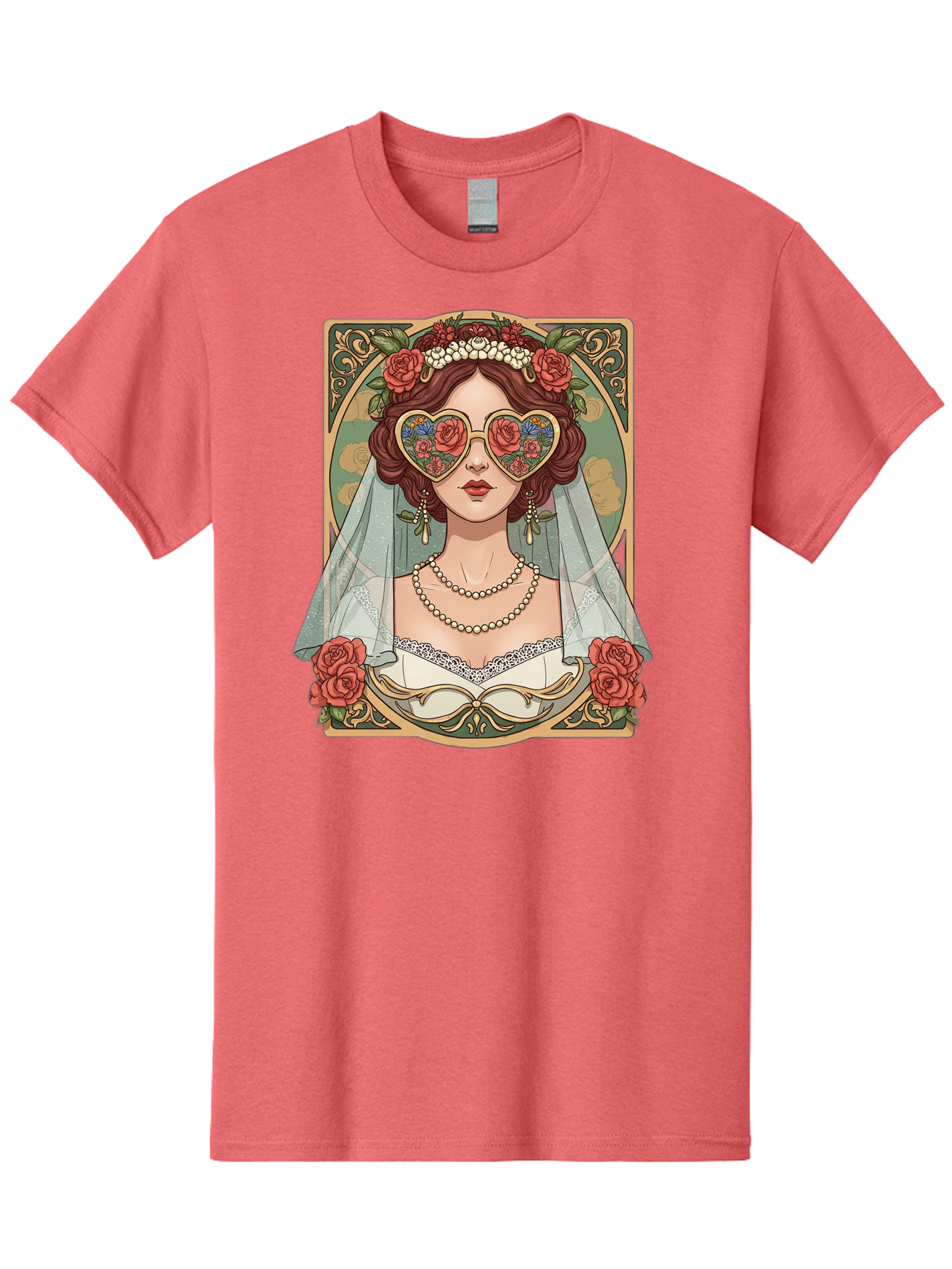Bride-With-Heart-Shaped-Sunglasses-3 Men'S Graphic Tee, 100% Cotton, Comfortable Casual Summer Wear, Machine Washable, Bride Wearing Heart-Shaped Sunglasses, Floral Pattern, Vintage Style, Ornate Frame, White Wedding Dress, Red Roses, Baa230
