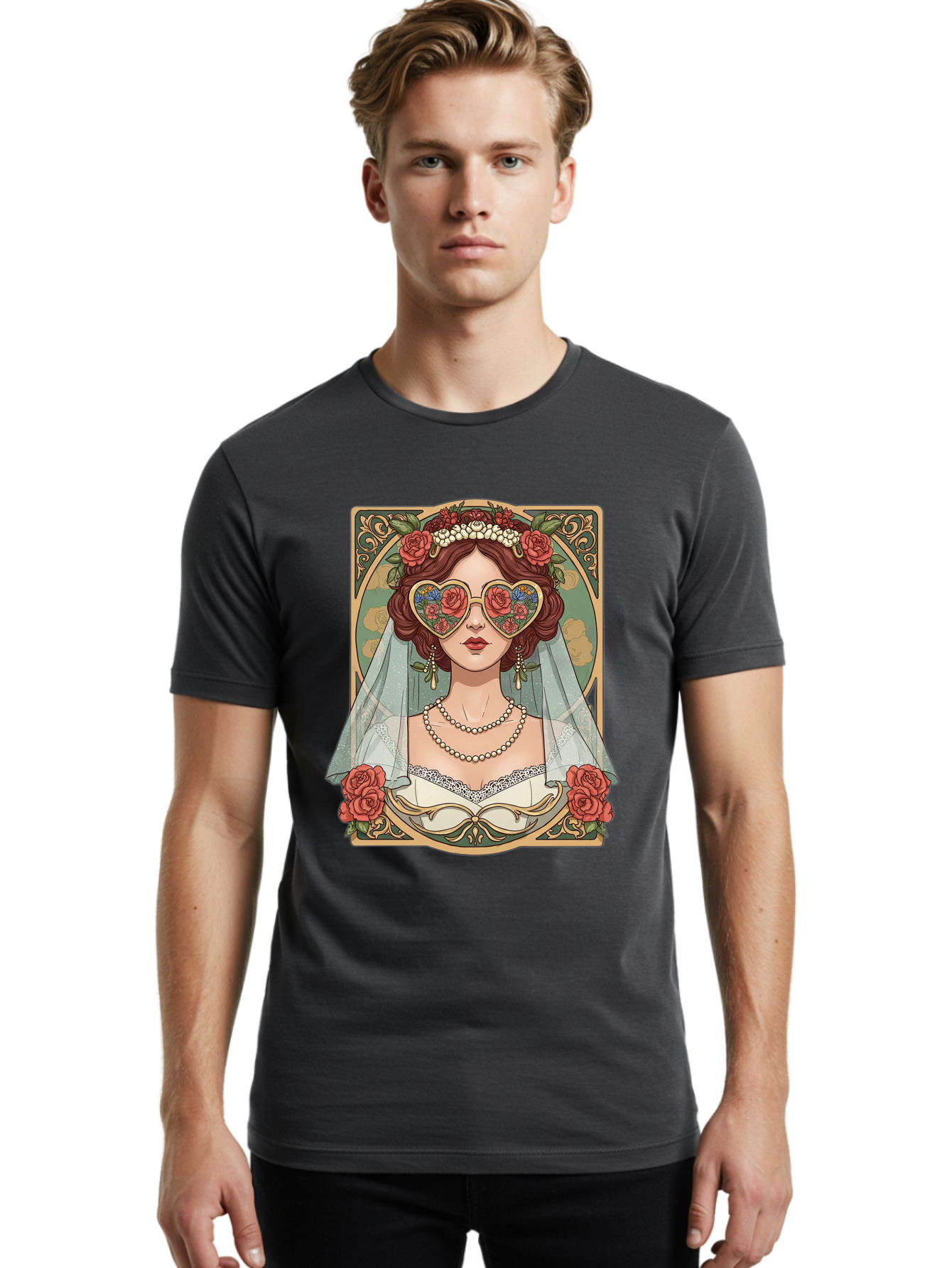 Bride-With-Heart-Shaped-Sunglasses-3 Men'S Graphic Tee, 100% Cotton, Comfortable Casual Summer Wear, Machine Washable, Bride Wearing Heart-Shaped Sunglasses, Floral Pattern, Vintage Style, Ornate Frame, White Wedding Dress, Red Roses, Baa230