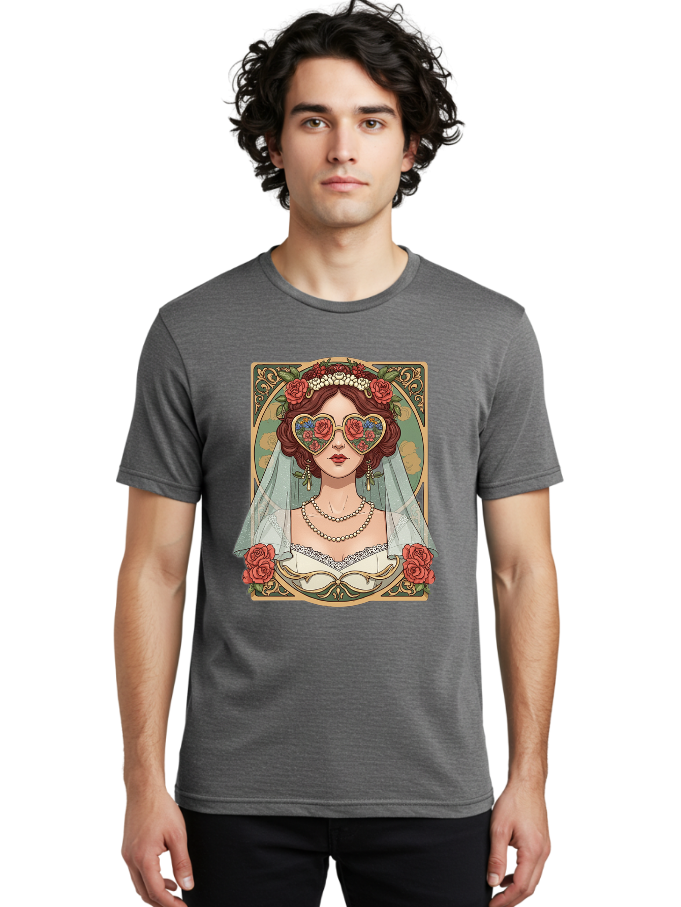 Bride-With-Heart-Shaped-Sunglasses-3 Men'S Graphic Tee, 100% Cotton, Comfortable Casual Summer Wear, Machine Washable, Bride Wearing Heart-Shaped Sunglasses, Floral Pattern, Vintage Style, Ornate Frame, White Wedding Dress, Red Roses, Baa230