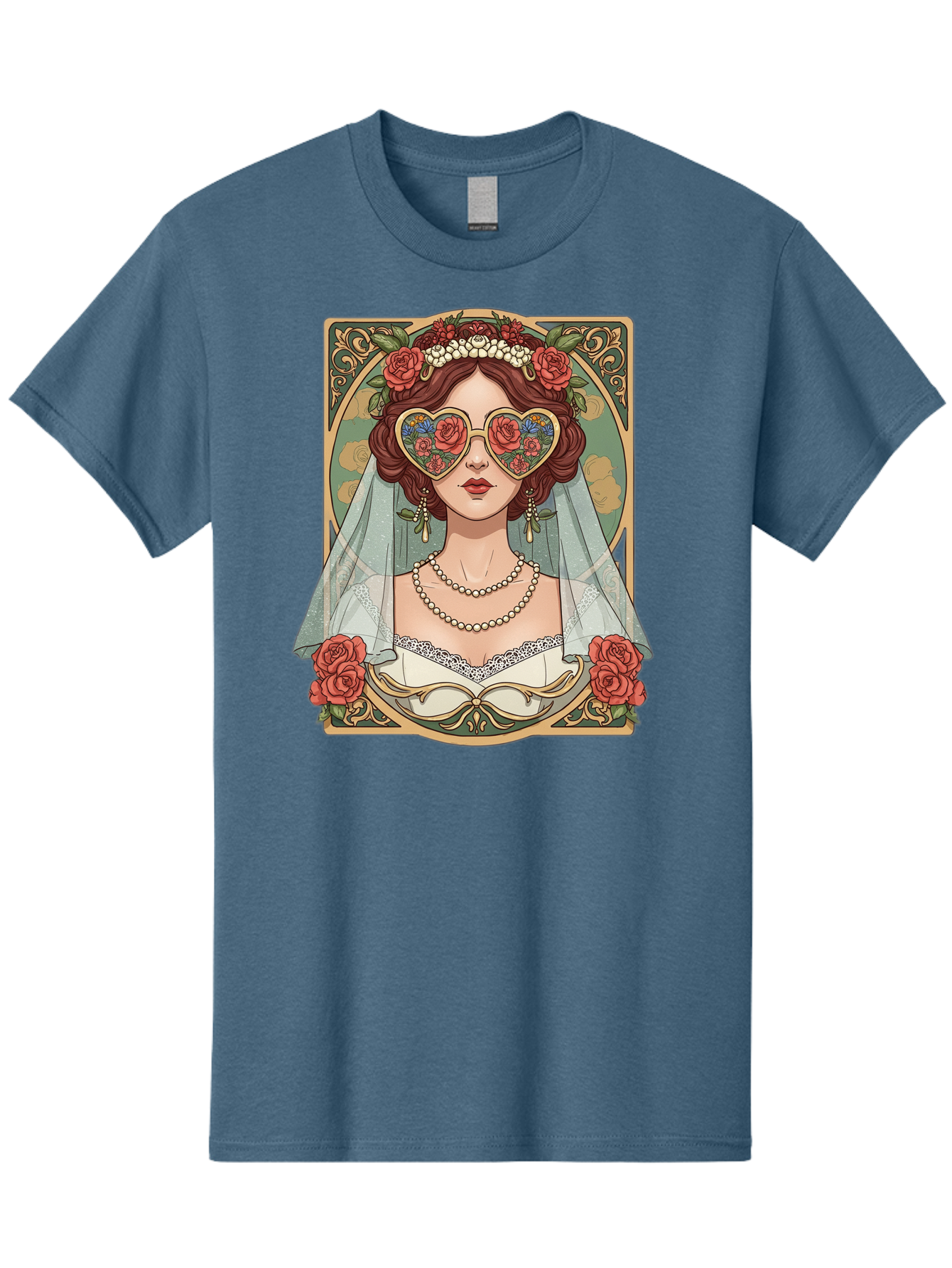 Bride-With-Heart-Shaped-Sunglasses-3 Men'S Graphic Tee, 100% Cotton, Comfortable Casual Summer Wear, Machine Washable, Bride Wearing Heart-Shaped Sunglasses, Floral Pattern, Vintage Style, Ornate Frame, White Wedding Dress, Red Roses, Baa230