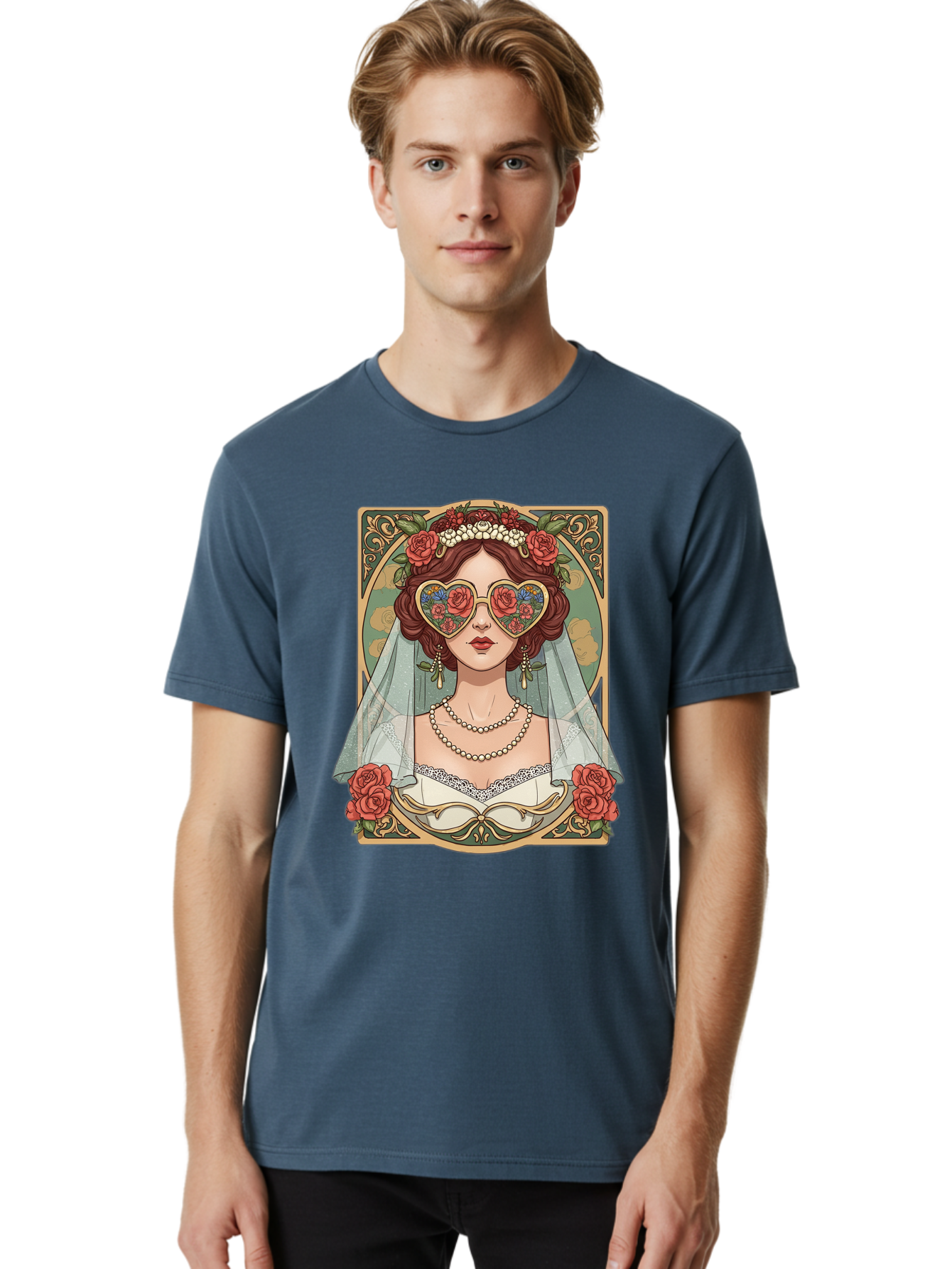 Bride-With-Heart-Shaped-Sunglasses-3 Men'S Graphic Tee, 100% Cotton, Comfortable Casual Summer Wear, Machine Washable, Bride Wearing Heart-Shaped Sunglasses, Floral Pattern, Vintage Style, Ornate Frame, White Wedding Dress, Red Roses, Baa230