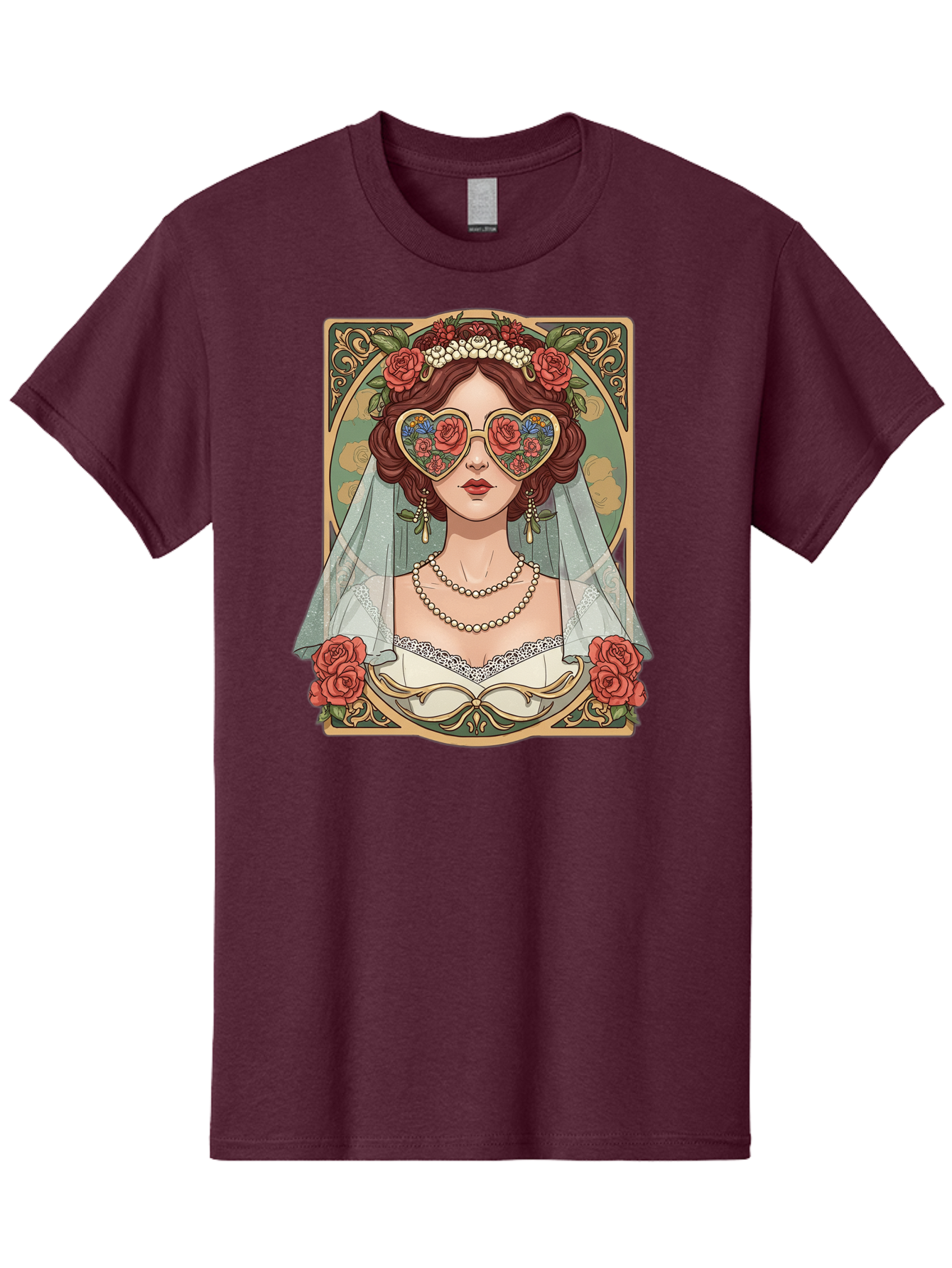 Bride-With-Heart-Shaped-Sunglasses-3 Men'S Graphic Tee, 100% Cotton, Comfortable Casual Summer Wear, Machine Washable, Bride Wearing Heart-Shaped Sunglasses, Floral Pattern, Vintage Style, Ornate Frame, White Wedding Dress, Red Roses, Baa230