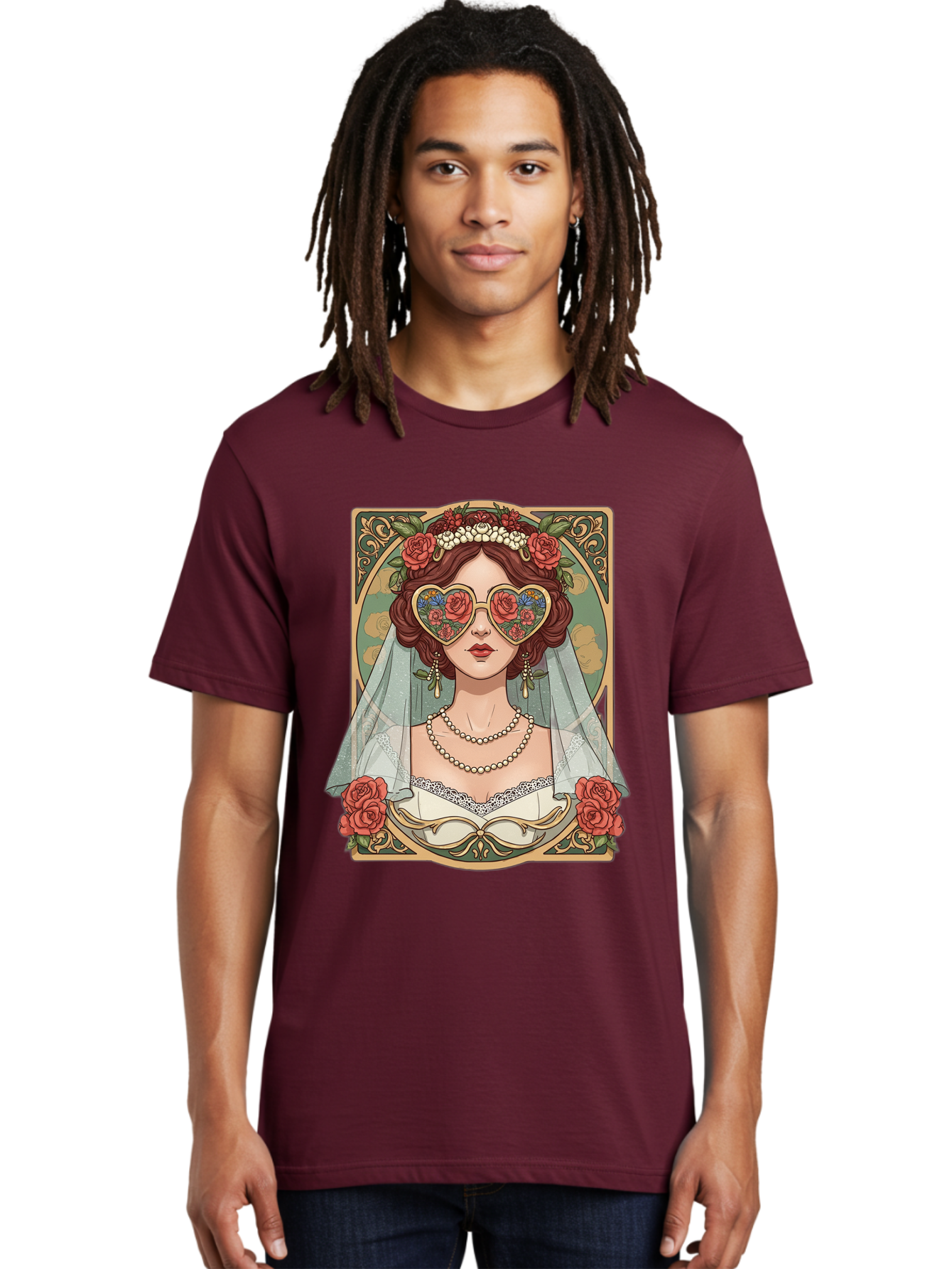 Bride-With-Heart-Shaped-Sunglasses-3 Men'S Graphic Tee, 100% Cotton, Comfortable Casual Summer Wear, Machine Washable, Bride Wearing Heart-Shaped Sunglasses, Floral Pattern, Vintage Style, Ornate Frame, White Wedding Dress, Red Roses, Baa230