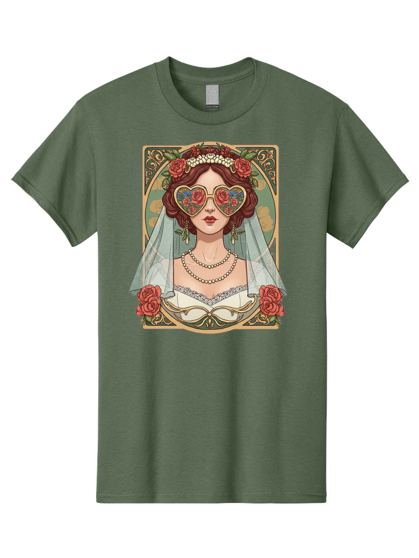 Bride-With-Heart-Shaped-Sunglasses-3 Men'S Graphic Tee, 100% Cotton, Comfortable Casual Summer Wear, Machine Washable, Bride Wearing Heart-Shaped Sunglasses, Floral Pattern, Vintage Style, Ornate Frame, White Wedding Dress, Red Roses, Baa230
