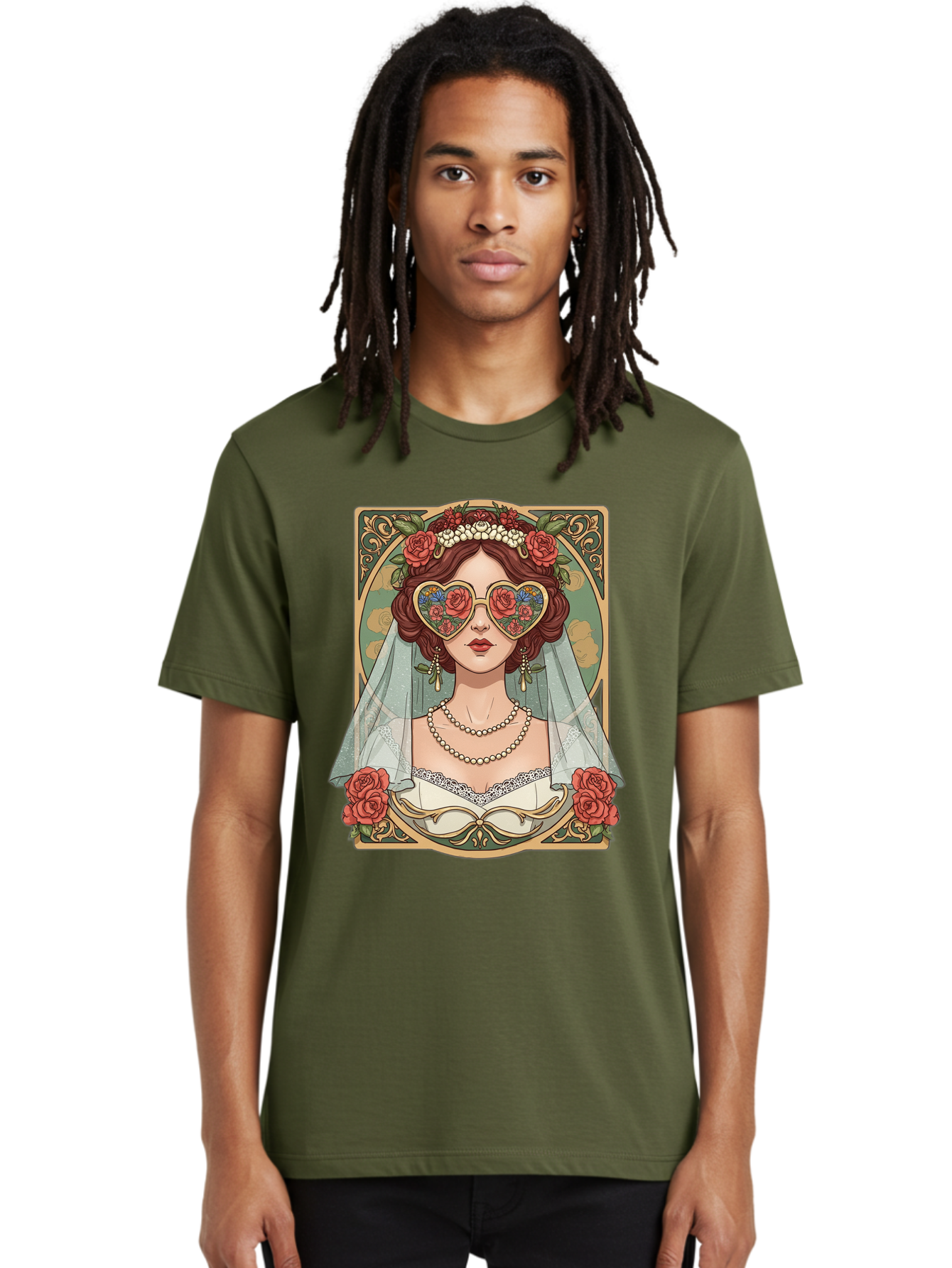 Bride-With-Heart-Shaped-Sunglasses-3 Men'S Graphic Tee, 100% Cotton, Comfortable Casual Summer Wear, Machine Washable, Bride Wearing Heart-Shaped Sunglasses, Floral Pattern, Vintage Style, Ornate Frame, White Wedding Dress, Red Roses, Baa230