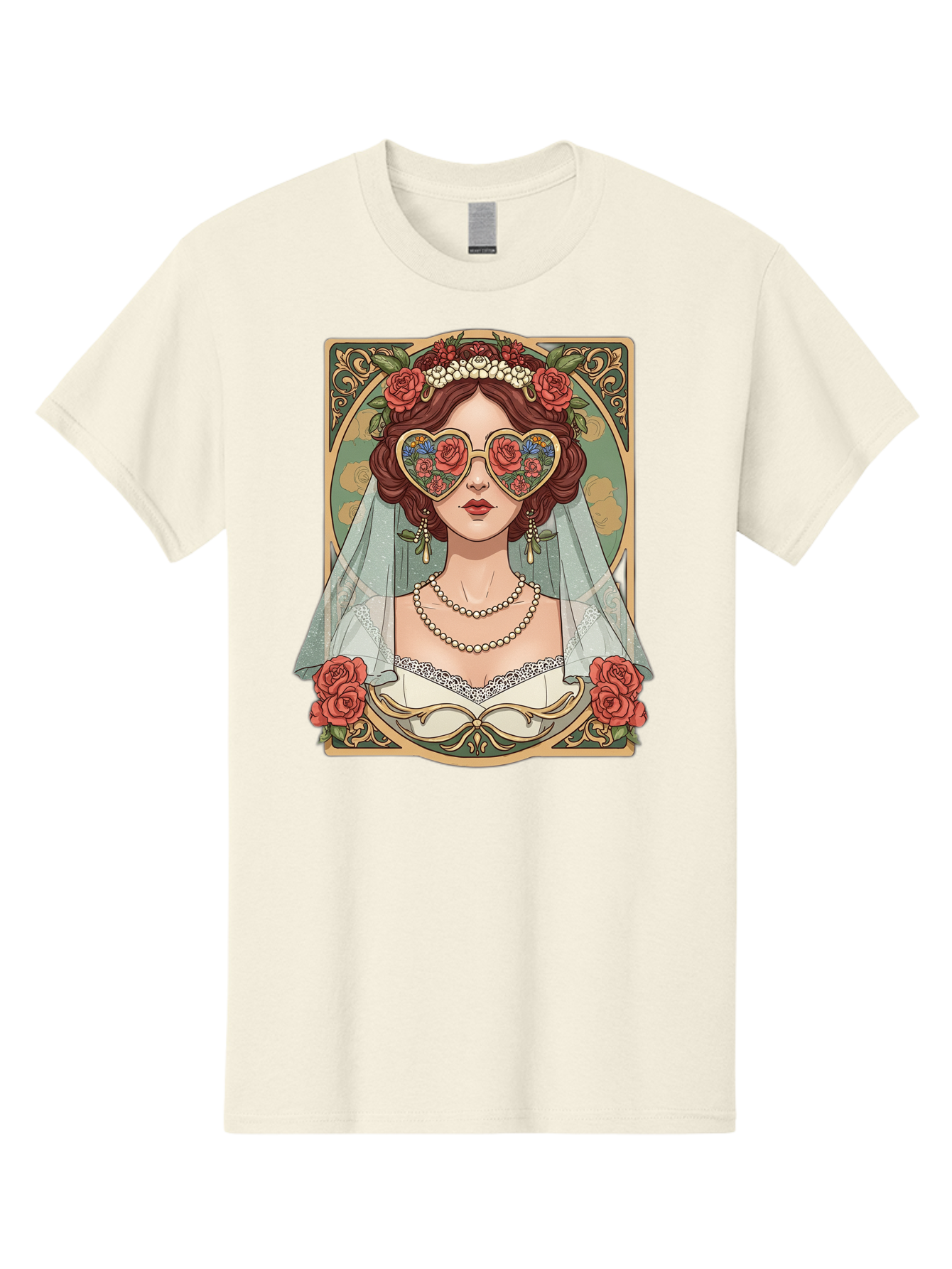 Bride-With-Heart-Shaped-Sunglasses-3 Men'S Graphic Tee, 100% Cotton, Comfortable Casual Summer Wear, Machine Washable, Bride Wearing Heart-Shaped Sunglasses, Floral Pattern, Vintage Style, Ornate Frame, White Wedding Dress, Red Roses, Baa230