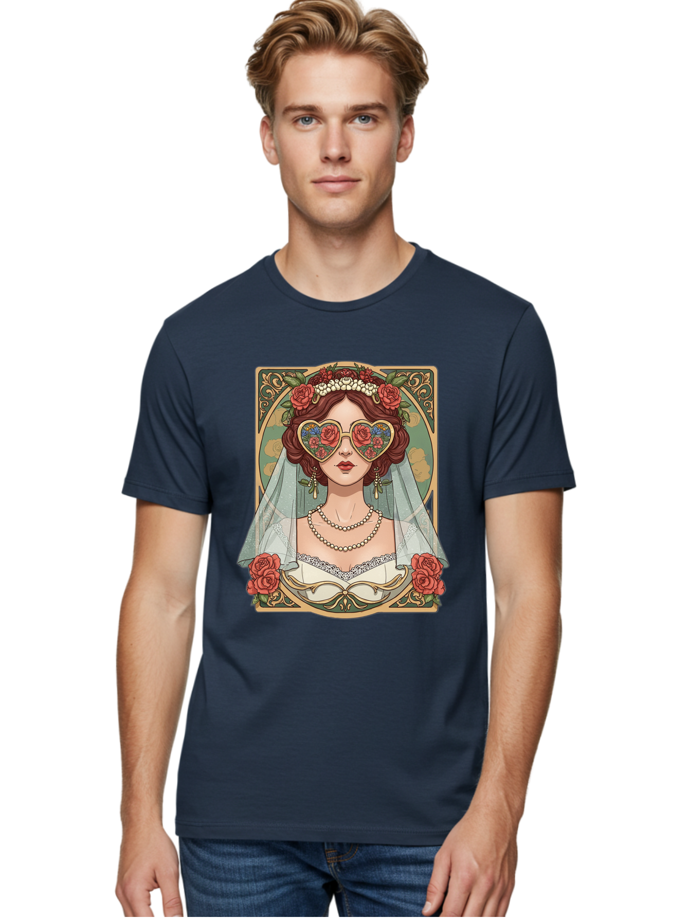 Bride-With-Heart-Shaped-Sunglasses-3 Men'S Graphic Tee, 100% Cotton, Comfortable Casual Summer Wear, Machine Washable, Bride Wearing Heart-Shaped Sunglasses, Floral Pattern, Vintage Style, Ornate Frame, White Wedding Dress, Red Roses, Baa230