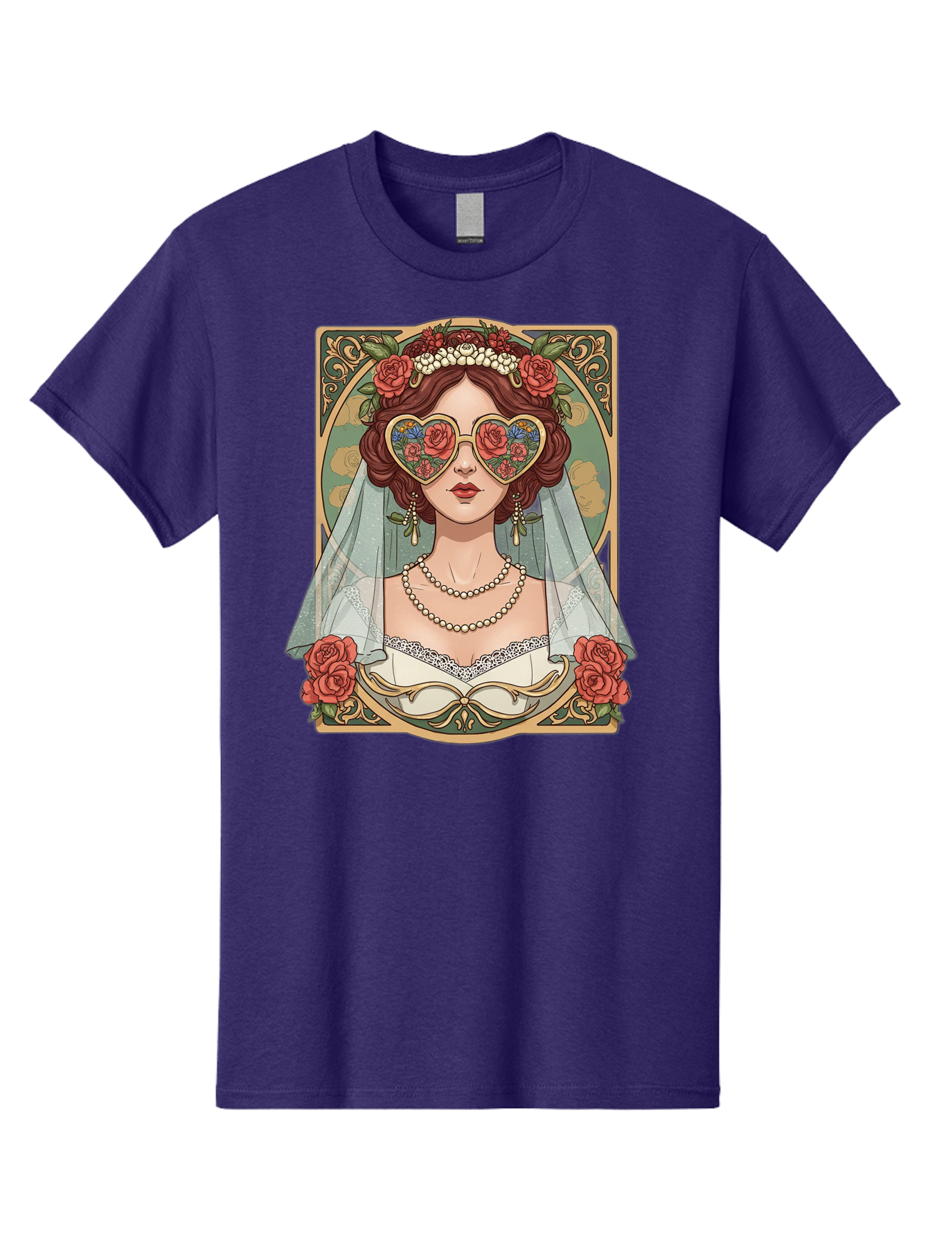 Bride-With-Heart-Shaped-Sunglasses-3 Men'S Graphic Tee, 100% Cotton, Comfortable Casual Summer Wear, Machine Washable, Bride Wearing Heart-Shaped Sunglasses, Floral Pattern, Vintage Style, Ornate Frame, White Wedding Dress, Red Roses, Baa230