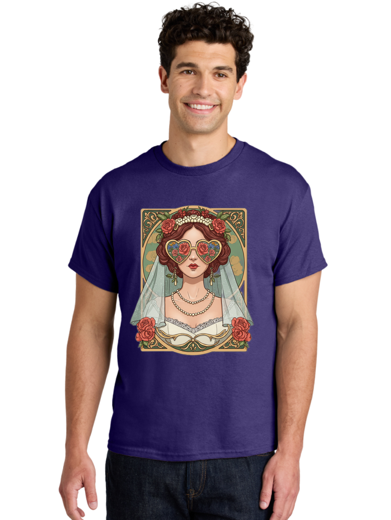 Bride-With-Heart-Shaped-Sunglasses-3 Men'S Graphic Tee, 100% Cotton, Comfortable Casual Summer Wear, Machine Washable, Bride Wearing Heart-Shaped Sunglasses, Floral Pattern, Vintage Style, Ornate Frame, White Wedding Dress, Red Roses, Baa230