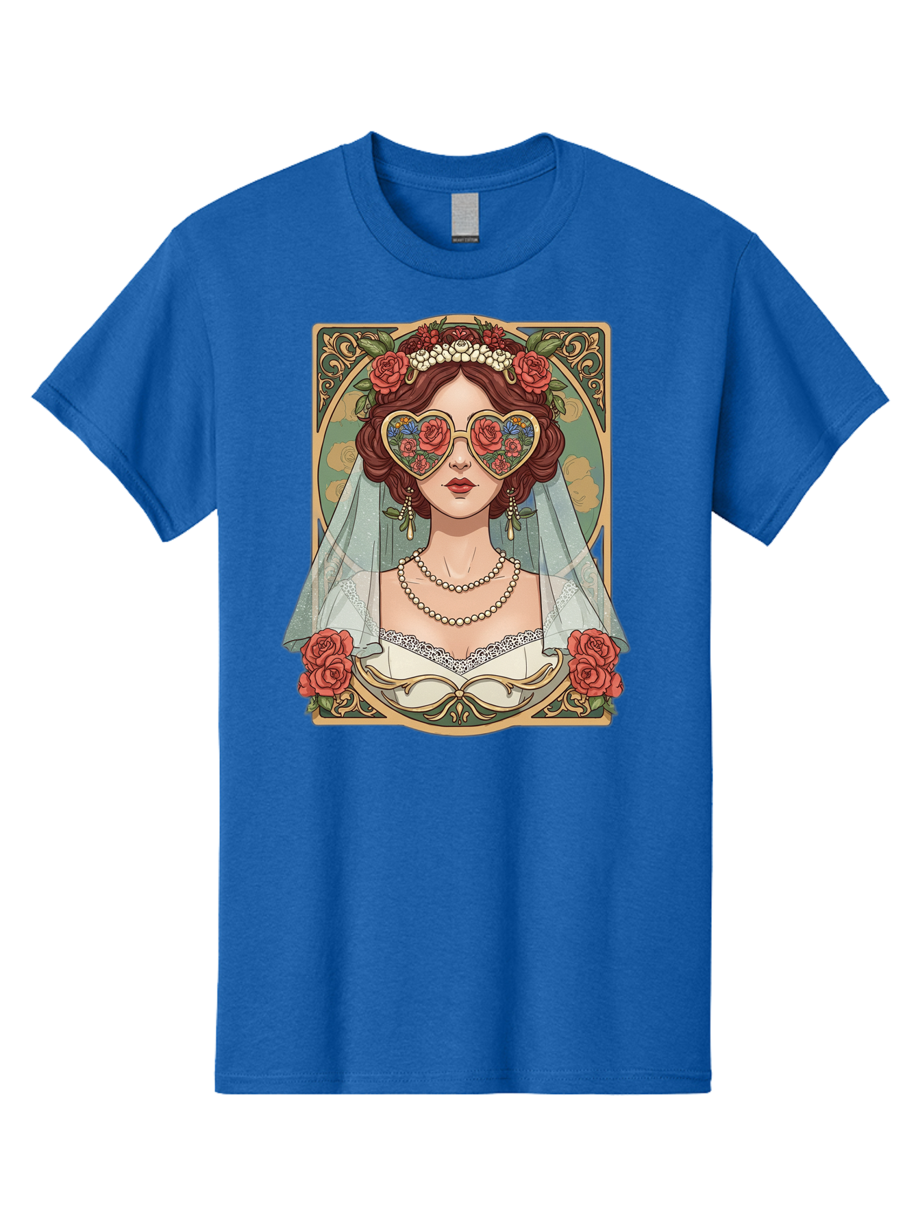 Bride-With-Heart-Shaped-Sunglasses-3 Men'S Graphic Tee, 100% Cotton, Comfortable Casual Summer Wear, Machine Washable, Bride Wearing Heart-Shaped Sunglasses, Floral Pattern, Vintage Style, Ornate Frame, White Wedding Dress, Red Roses, Baa230