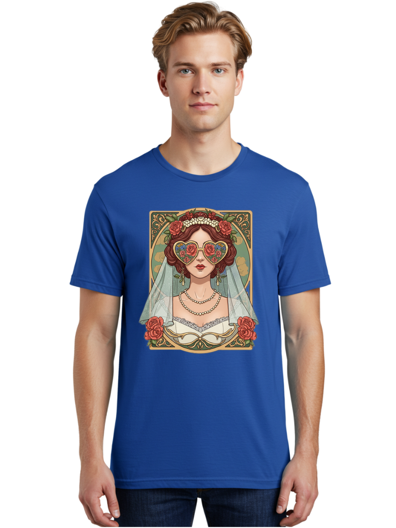 Bride-With-Heart-Shaped-Sunglasses-3 Men'S Graphic Tee, 100% Cotton, Comfortable Casual Summer Wear, Machine Washable, Bride Wearing Heart-Shaped Sunglasses, Floral Pattern, Vintage Style, Ornate Frame, White Wedding Dress, Red Roses, Baa230