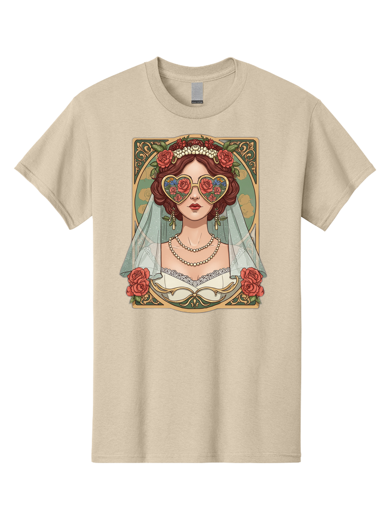 Bride-With-Heart-Shaped-Sunglasses-3 Men'S Graphic Tee, 100% Cotton, Comfortable Casual Summer Wear, Machine Washable, Bride Wearing Heart-Shaped Sunglasses, Floral Pattern, Vintage Style, Ornate Frame, White Wedding Dress, Red Roses, Baa230
