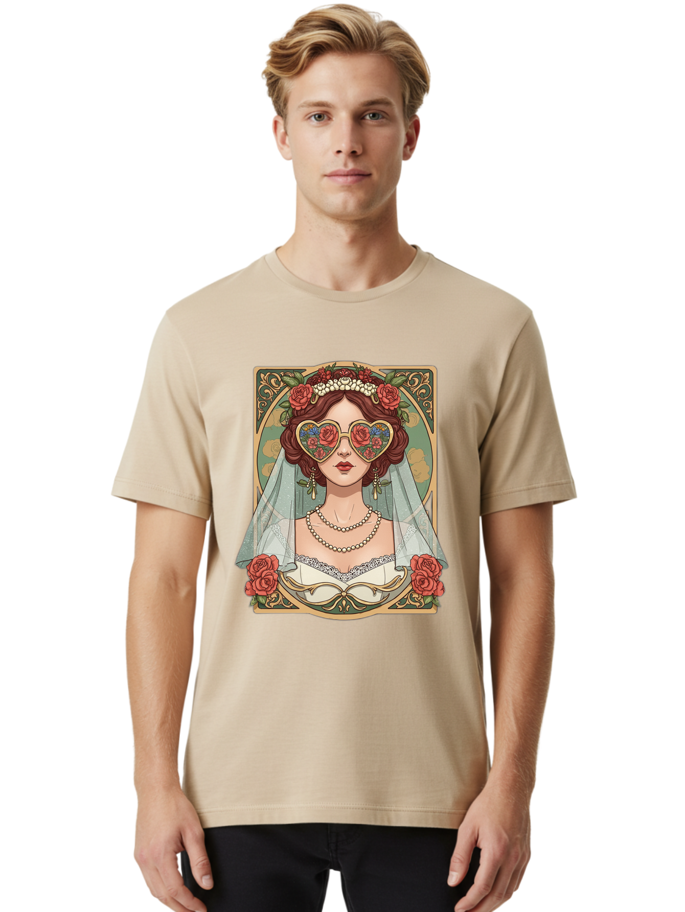 Bride-With-Heart-Shaped-Sunglasses-3 Men'S Graphic Tee, 100% Cotton, Comfortable Casual Summer Wear, Machine Washable, Bride Wearing Heart-Shaped Sunglasses, Floral Pattern, Vintage Style, Ornate Frame, White Wedding Dress, Red Roses, Baa230