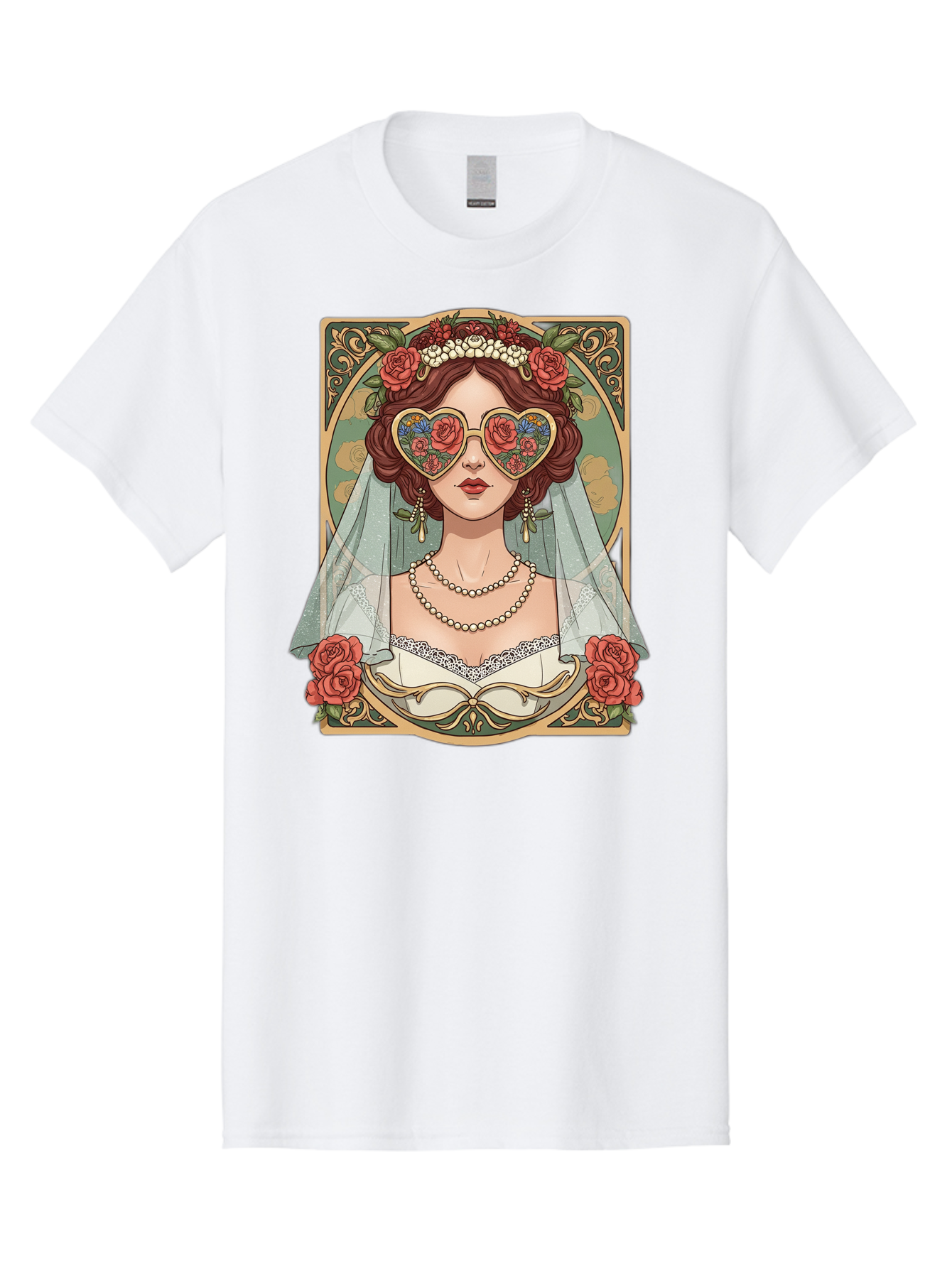 Bride-With-Heart-Shaped-Sunglasses-3 Men'S Graphic Tee, 100% Cotton, Comfortable Casual Summer Wear, Machine Washable, Bride Wearing Heart-Shaped Sunglasses, Floral Pattern, Vintage Style, Ornate Frame, White Wedding Dress, Red Roses, Baa230