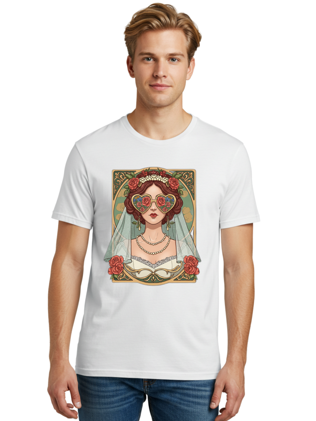 Bride-With-Heart-Shaped-Sunglasses-3 Men'S Graphic Tee, 100% Cotton, Comfortable Casual Summer Wear, Machine Washable, Bride Wearing Heart-Shaped Sunglasses, Floral Pattern, Vintage Style, Ornate Frame, White Wedding Dress, Red Roses, Baa230