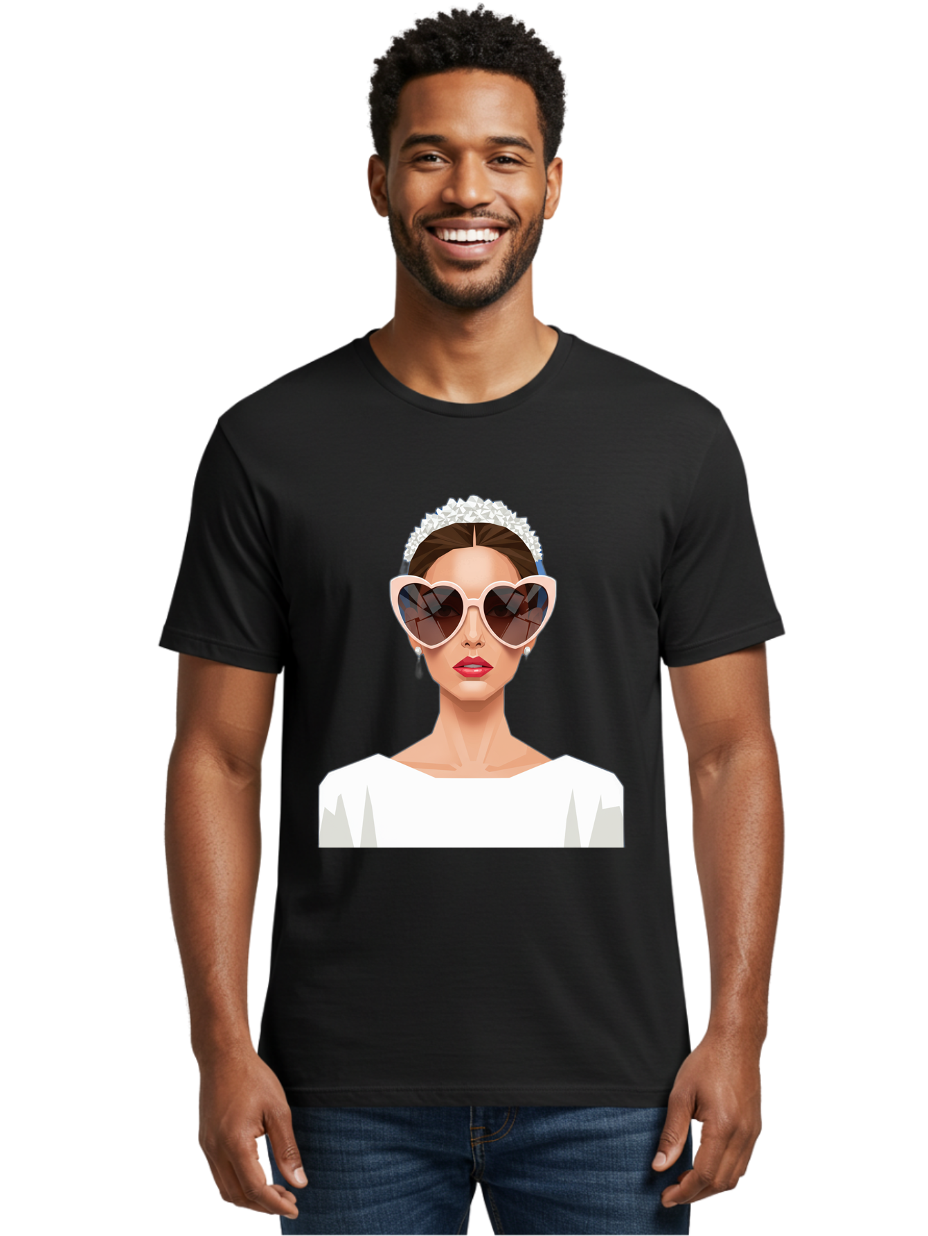 Bride-With-Heart-Shaped-Sunglasses-4 Men'S Graphic Tee, 100% Cotton, Comfortable Casual Summer Wear, Machine Washable, Bride With Heart-Shaped Sunglasses, White Wedding Dress, Floral Headband, Red Lips, Stylish Accessories, Baa231
