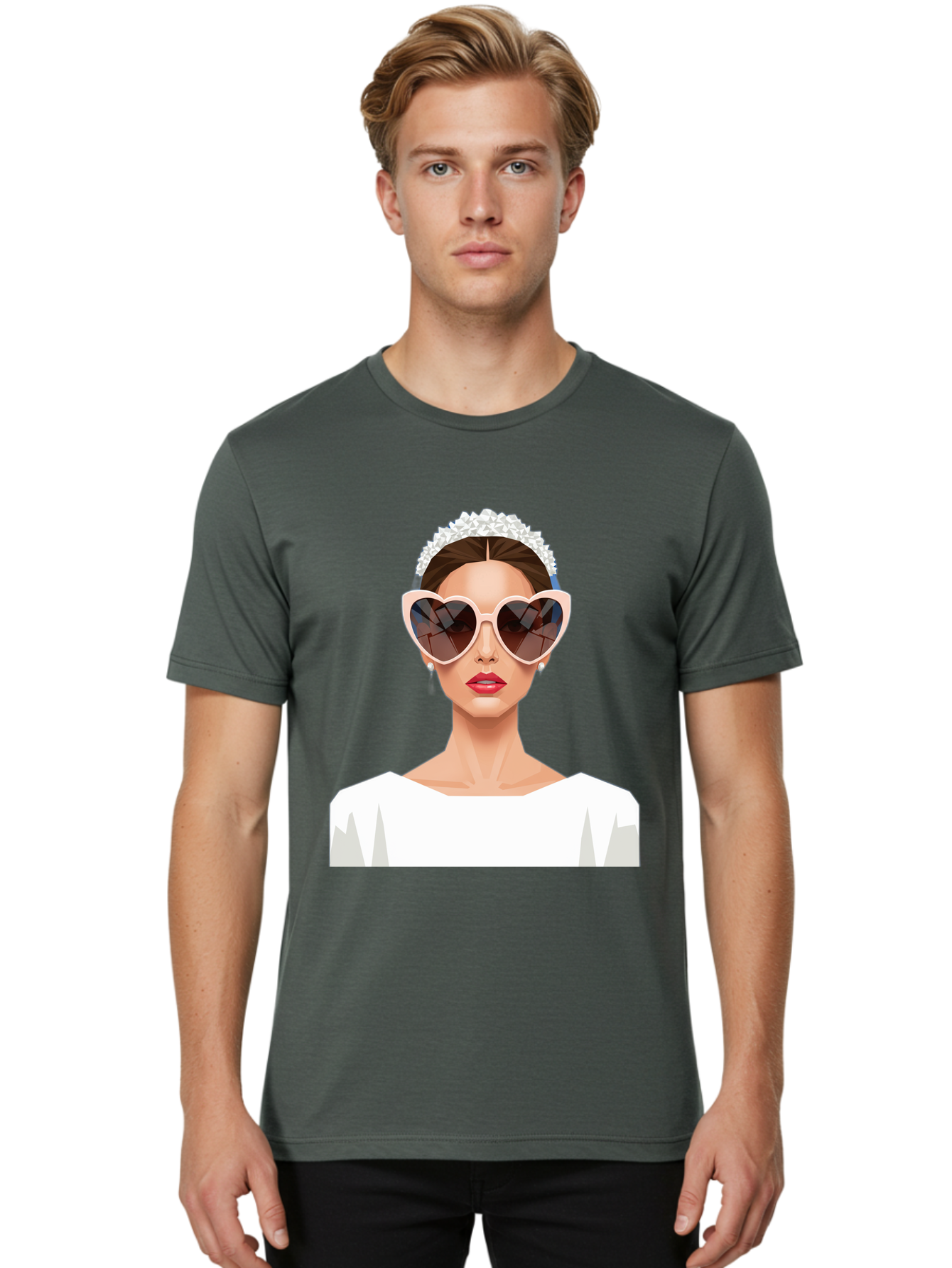 Bride-With-Heart-Shaped-Sunglasses-4 Men'S Graphic Tee, 100% Cotton, Comfortable Casual Summer Wear, Machine Washable, Bride With Heart-Shaped Sunglasses, White Wedding Dress, Floral Headband, Red Lips, Stylish Accessories, Baa231