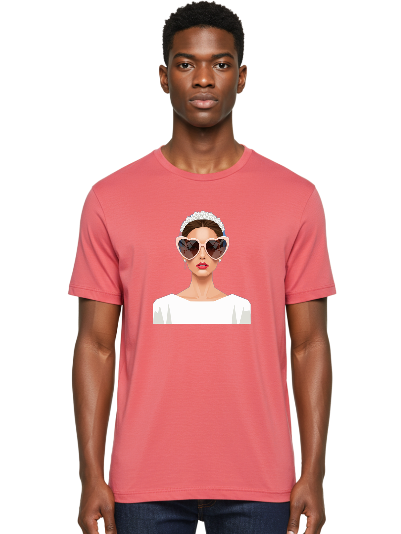 Bride-With-Heart-Shaped-Sunglasses-4 Men'S Graphic Tee, 100% Cotton, Comfortable Casual Summer Wear, Machine Washable, Bride With Heart-Shaped Sunglasses, White Wedding Dress, Floral Headband, Red Lips, Stylish Accessories, Baa231