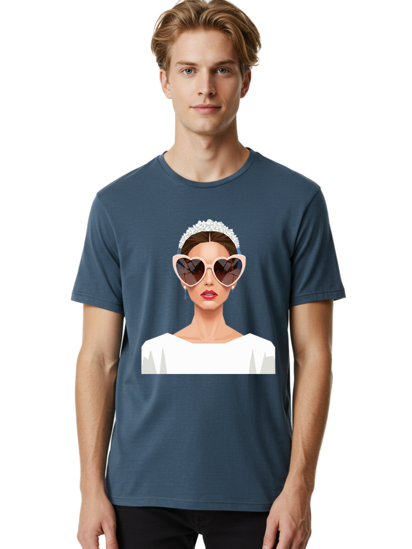 Bride-With-Heart-Shaped-Sunglasses-4 Men'S Graphic Tee, 100% Cotton, Comfortable Casual Summer Wear, Machine Washable, Bride With Heart-Shaped Sunglasses, White Wedding Dress, Floral Headband, Red Lips, Stylish Accessories, Baa231