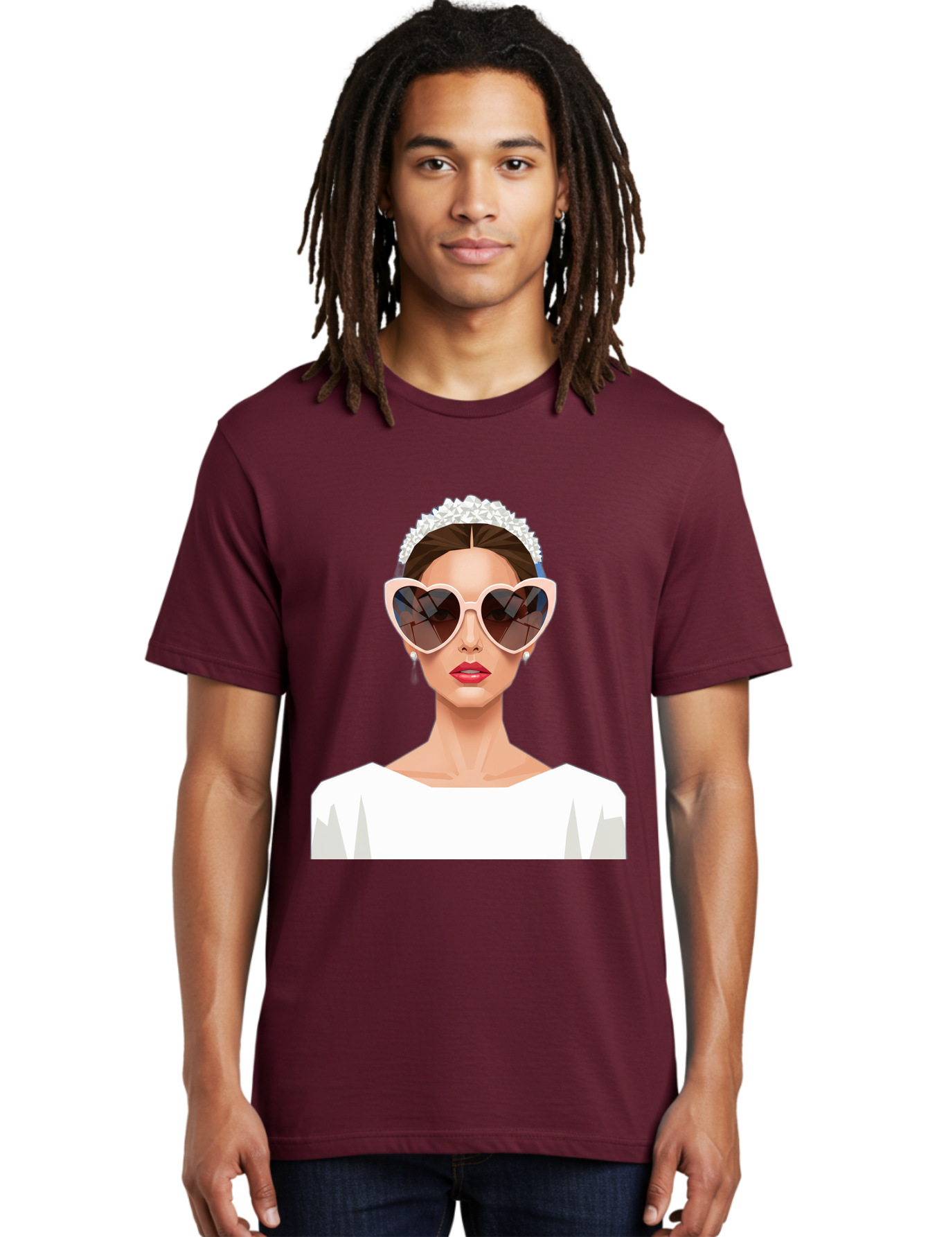 Bride-With-Heart-Shaped-Sunglasses-4 Men'S Graphic Tee, 100% Cotton, Comfortable Casual Summer Wear, Machine Washable, Bride With Heart-Shaped Sunglasses, White Wedding Dress, Floral Headband, Red Lips, Stylish Accessories, Baa231