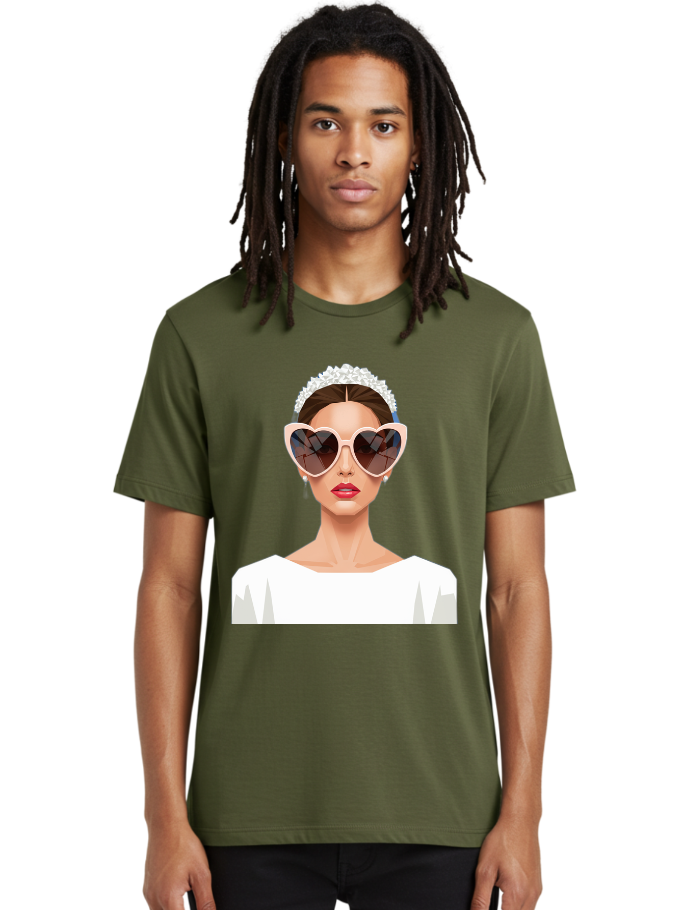 Bride-With-Heart-Shaped-Sunglasses-4 Men'S Graphic Tee, 100% Cotton, Comfortable Casual Summer Wear, Machine Washable, Bride With Heart-Shaped Sunglasses, White Wedding Dress, Floral Headband, Red Lips, Stylish Accessories, Baa231