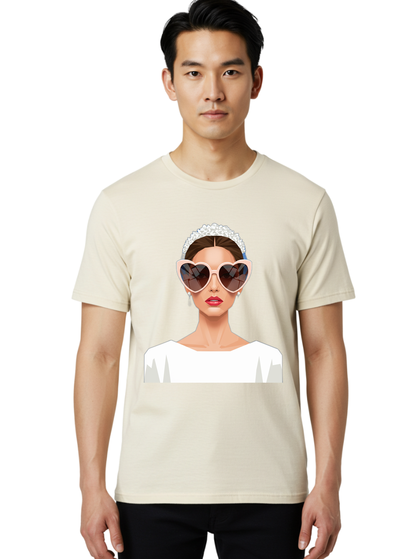 Bride-With-Heart-Shaped-Sunglasses-4 Men'S Graphic Tee, 100% Cotton, Comfortable Casual Summer Wear, Machine Washable, Bride With Heart-Shaped Sunglasses, White Wedding Dress, Floral Headband, Red Lips, Stylish Accessories, Baa231