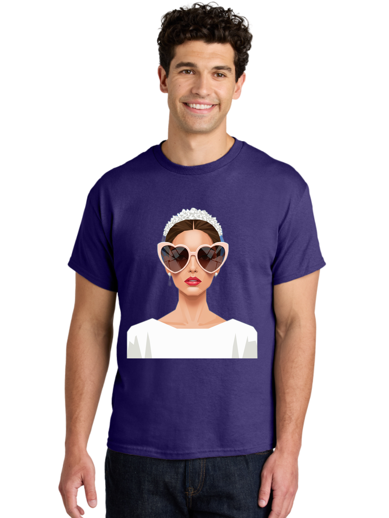Bride-With-Heart-Shaped-Sunglasses-4 Men'S Graphic Tee, 100% Cotton, Comfortable Casual Summer Wear, Machine Washable, Bride With Heart-Shaped Sunglasses, White Wedding Dress, Floral Headband, Red Lips, Stylish Accessories, Baa231
