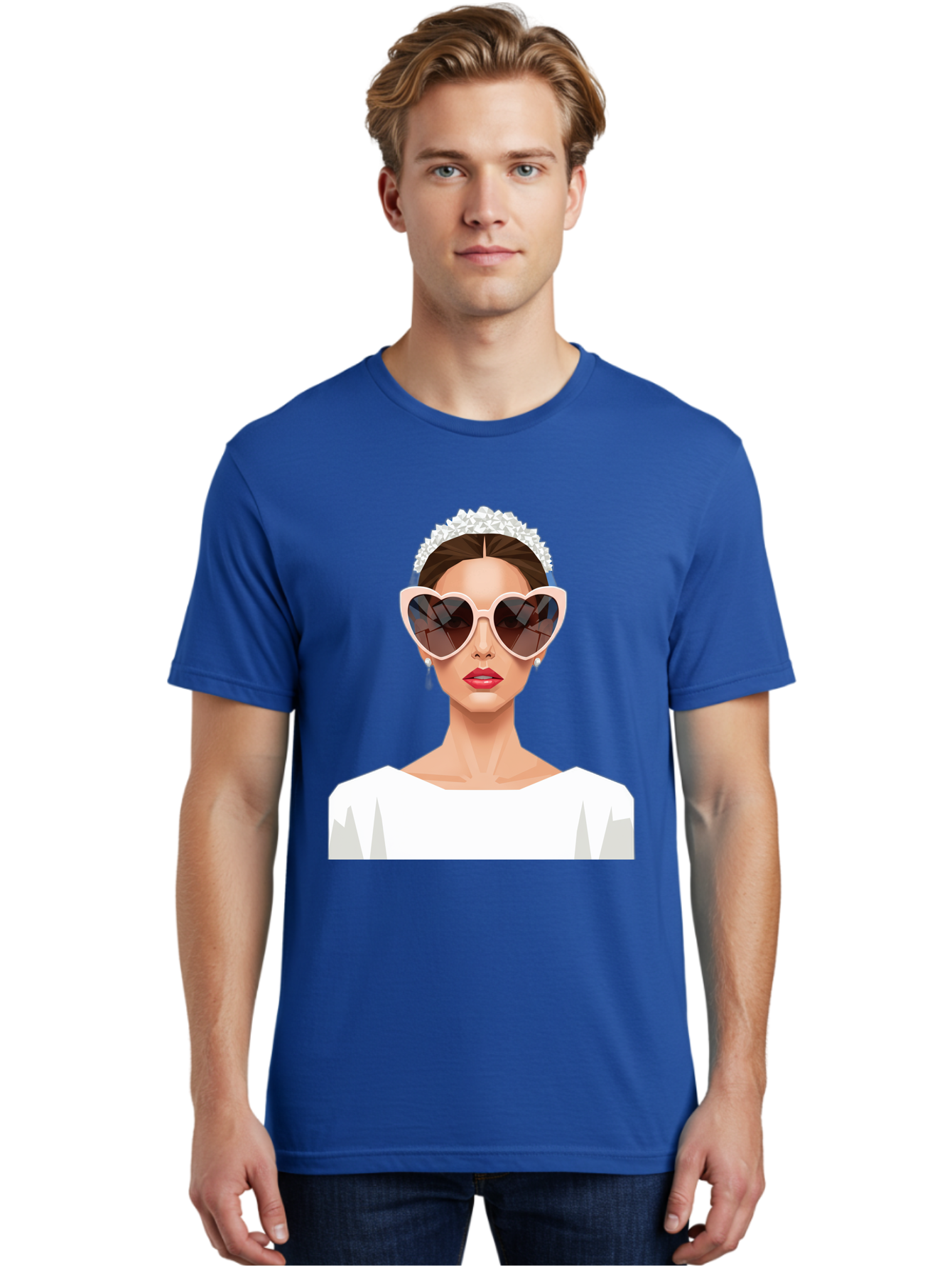Bride-With-Heart-Shaped-Sunglasses-4 Men'S Graphic Tee, 100% Cotton, Comfortable Casual Summer Wear, Machine Washable, Bride With Heart-Shaped Sunglasses, White Wedding Dress, Floral Headband, Red Lips, Stylish Accessories, Baa231