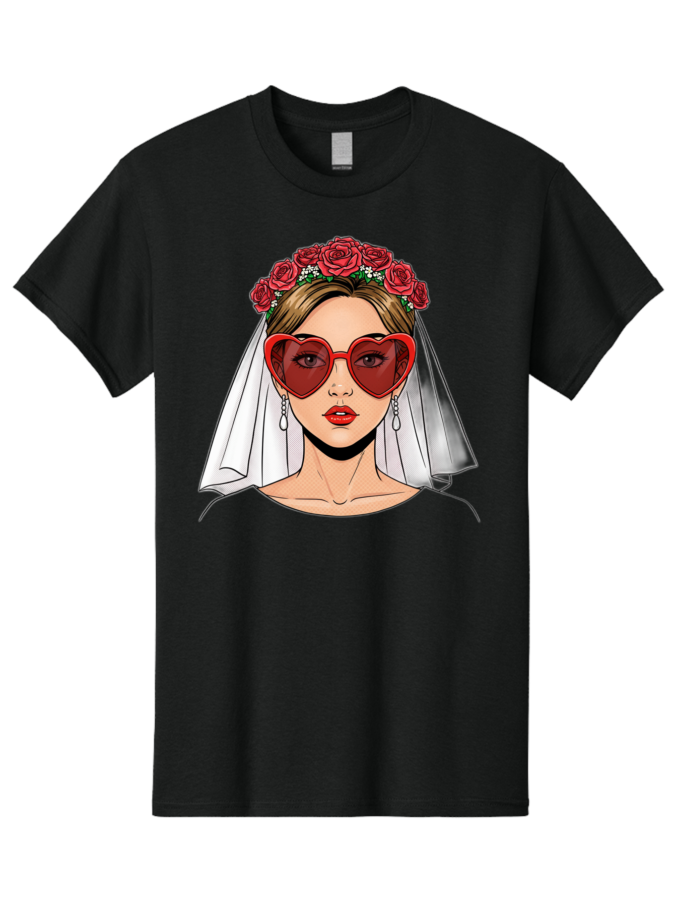 Bride-With-Heart-Shaped-Sunglasses Men'S Graphic Tee, 100% Cotton, Comfortable Casual Summer Wear, Machine Washable, Bride With Red Heart-Shaped Sunglasses, Floral Crown, White Veil, Earrings, Red Lipstick, Modern Wedding Fashion, Baa232