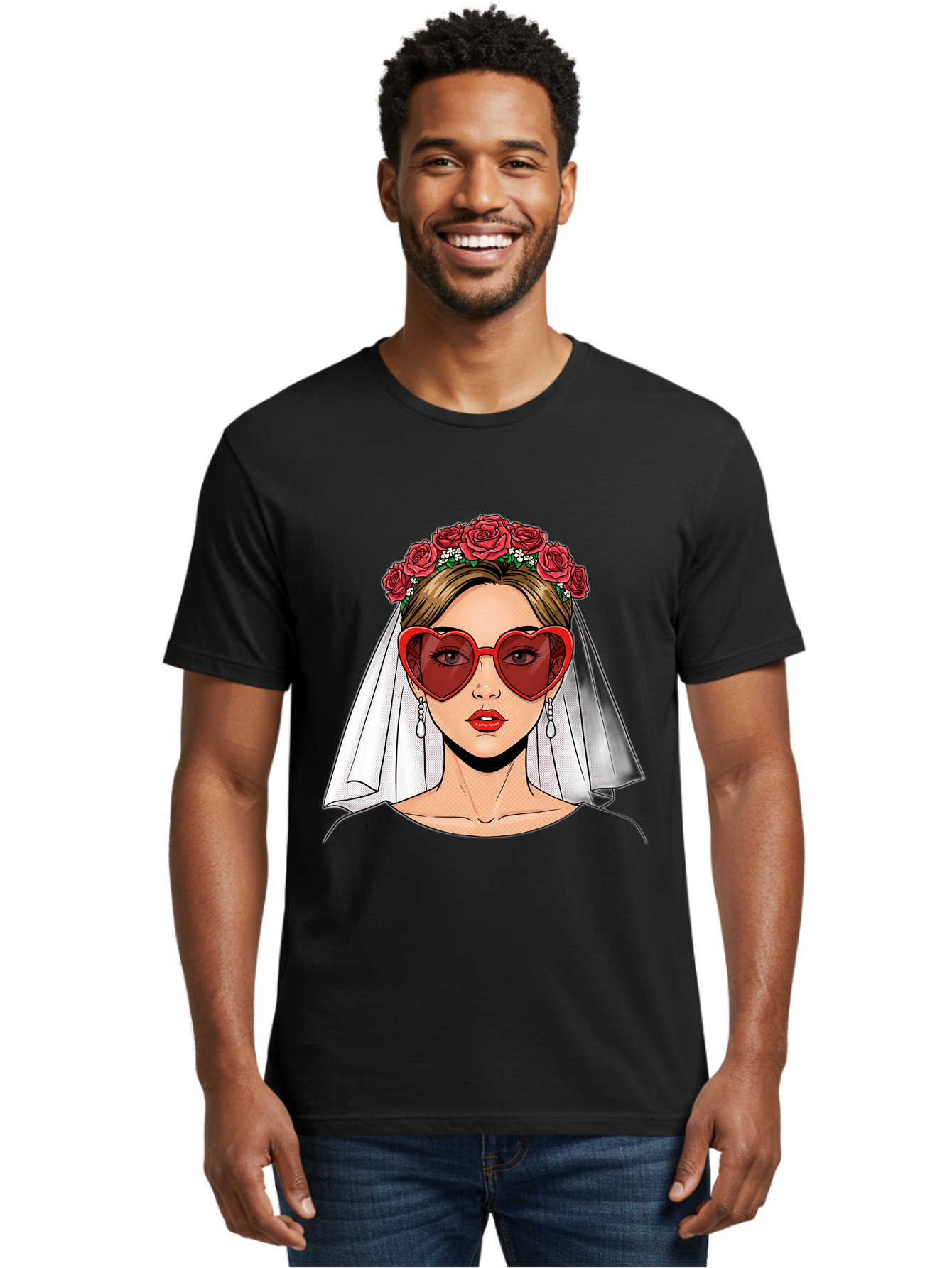 Bride-With-Heart-Shaped-Sunglasses Men'S Graphic Tee, 100% Cotton, Comfortable Casual Summer Wear, Machine Washable, Bride With Red Heart-Shaped Sunglasses, Floral Crown, White Veil, Earrings, Red Lipstick, Modern Wedding Fashion, Baa232