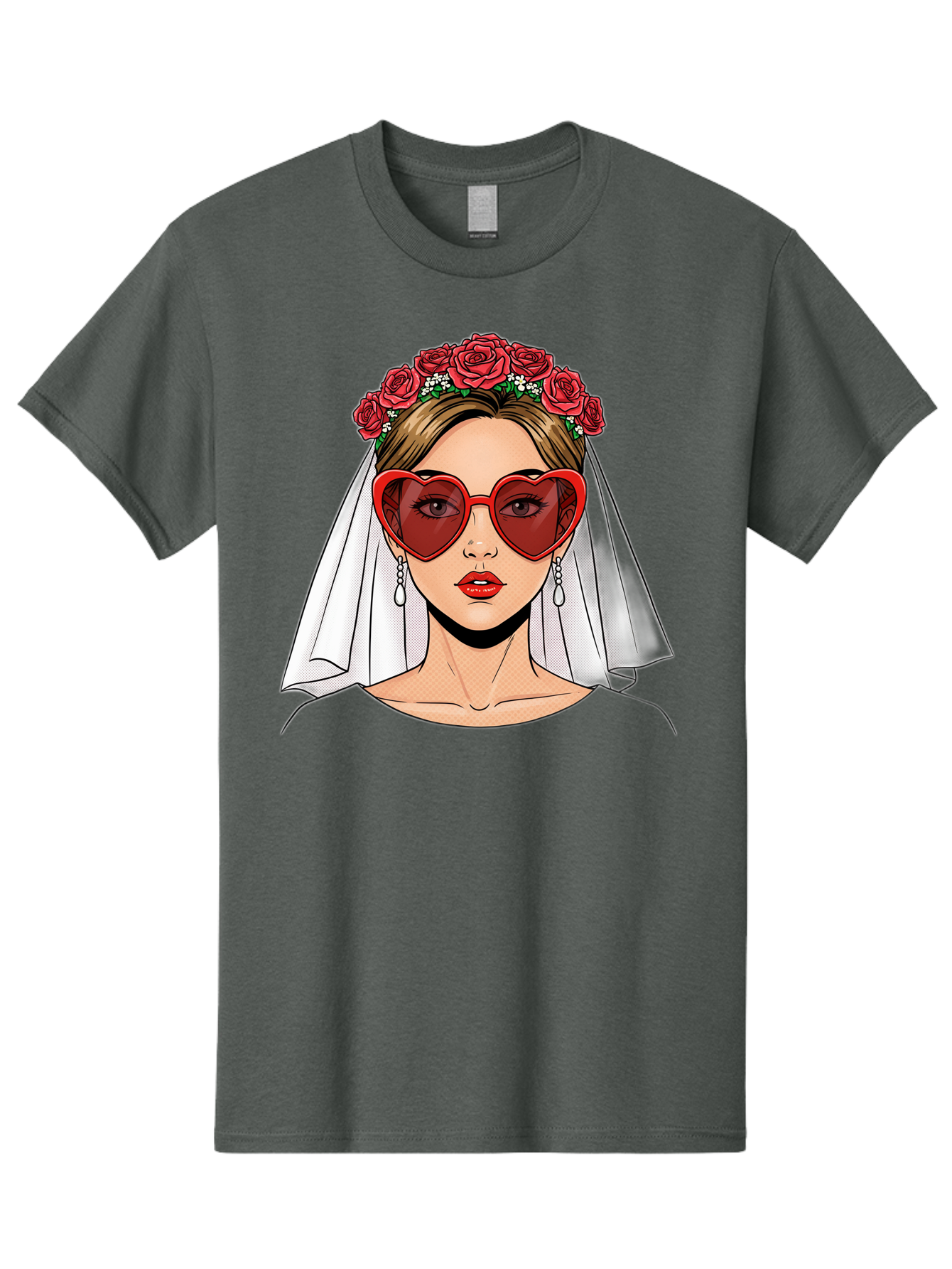 Bride-With-Heart-Shaped-Sunglasses Men'S Graphic Tee, 100% Cotton, Comfortable Casual Summer Wear, Machine Washable, Bride With Red Heart-Shaped Sunglasses, Floral Crown, White Veil, Earrings, Red Lipstick, Modern Wedding Fashion, Baa232