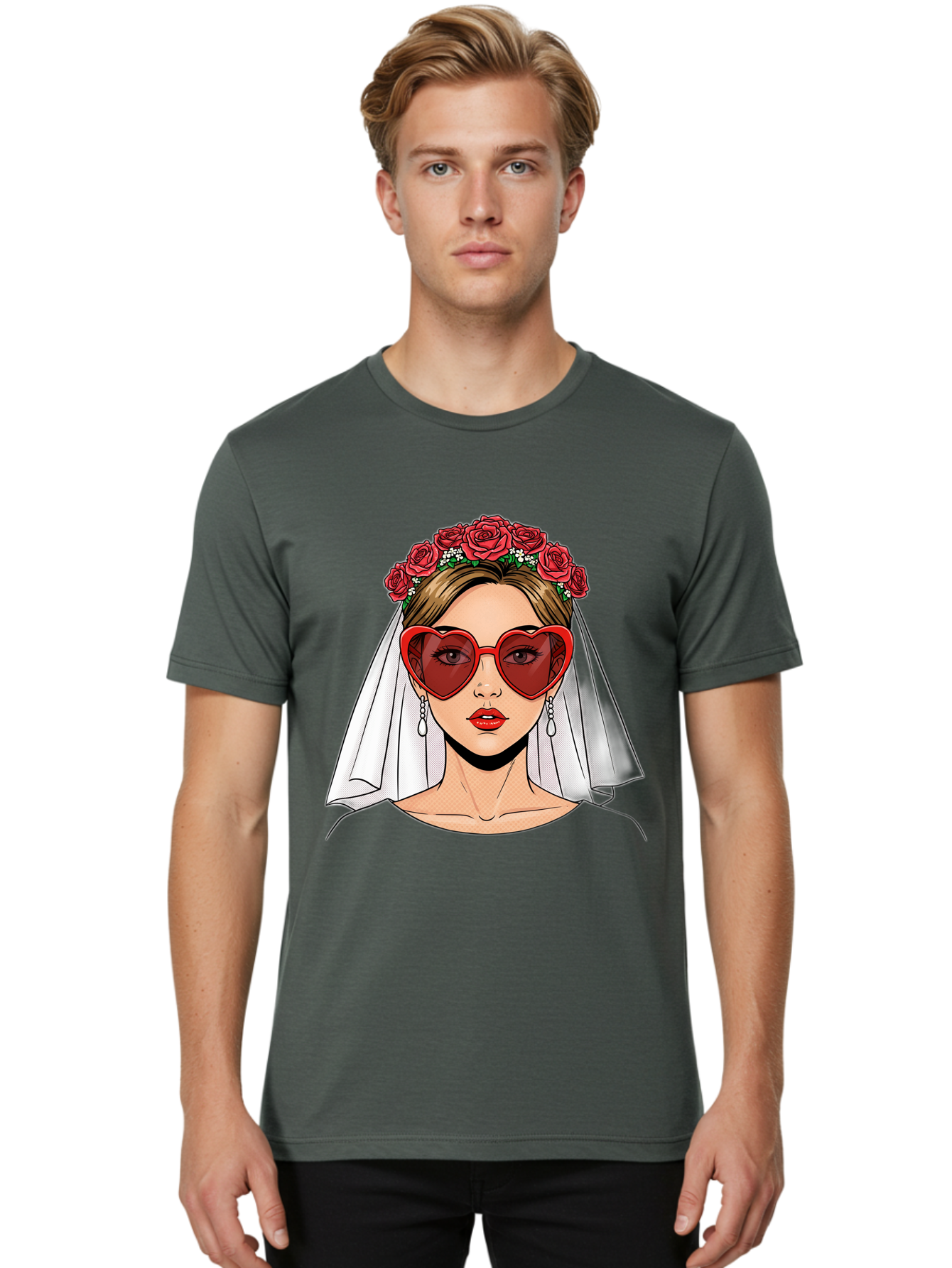 Bride-With-Heart-Shaped-Sunglasses Men'S Graphic Tee, 100% Cotton, Comfortable Casual Summer Wear, Machine Washable, Bride With Red Heart-Shaped Sunglasses, Floral Crown, White Veil, Earrings, Red Lipstick, Modern Wedding Fashion, Baa232