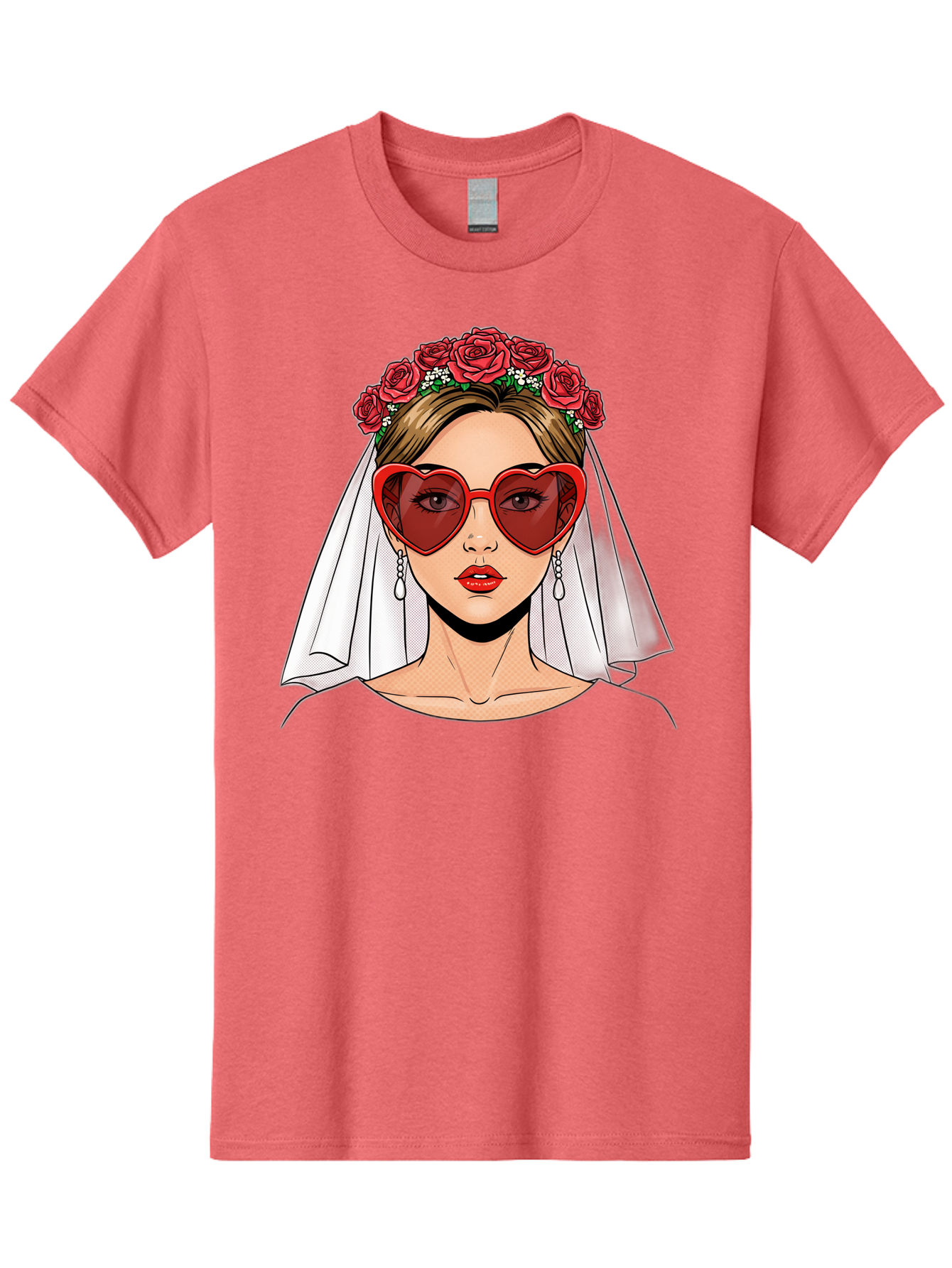 Bride-With-Heart-Shaped-Sunglasses Men'S Graphic Tee, 100% Cotton, Comfortable Casual Summer Wear, Machine Washable, Bride With Red Heart-Shaped Sunglasses, Floral Crown, White Veil, Earrings, Red Lipstick, Modern Wedding Fashion, Baa232