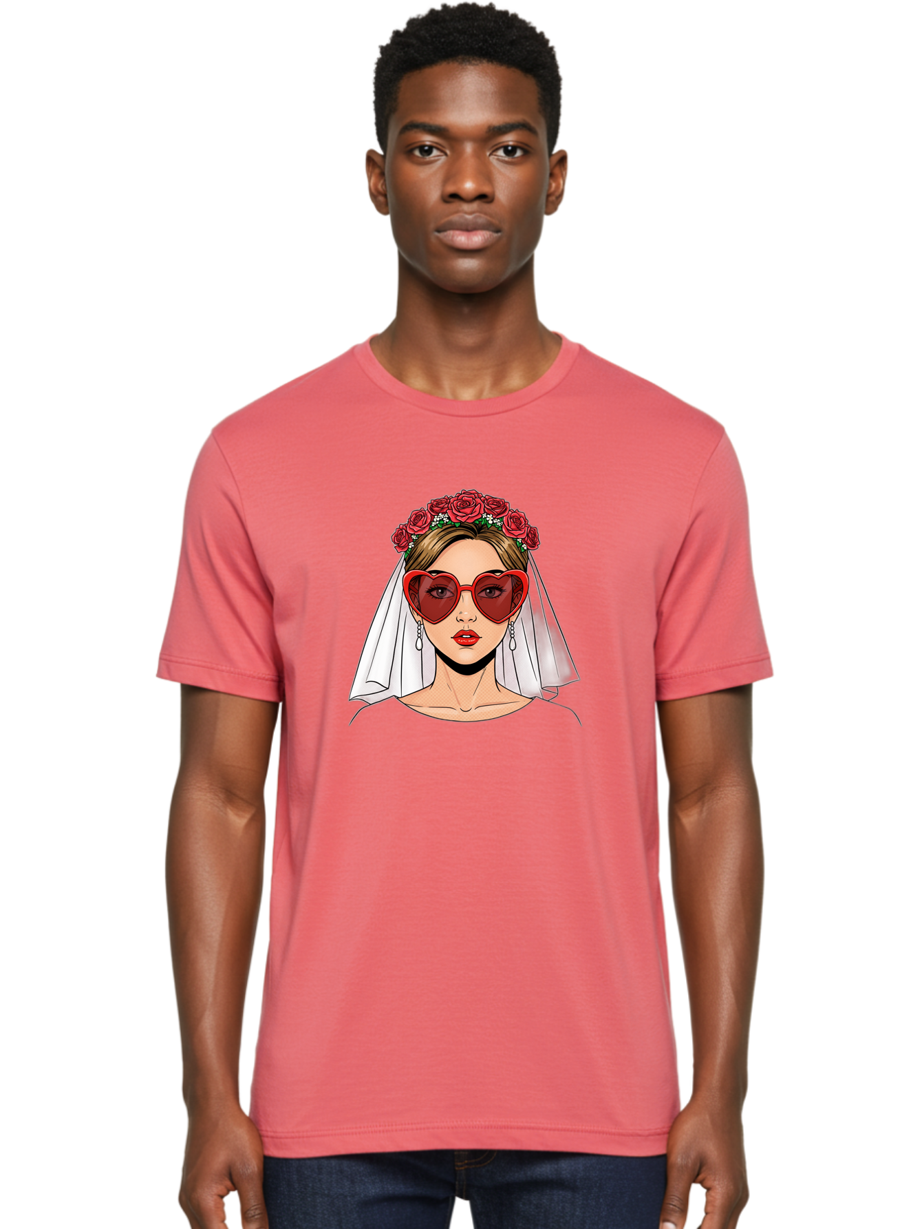 Bride-With-Heart-Shaped-Sunglasses Men'S Graphic Tee, 100% Cotton, Comfortable Casual Summer Wear, Machine Washable, Bride With Red Heart-Shaped Sunglasses, Floral Crown, White Veil, Earrings, Red Lipstick, Modern Wedding Fashion, Baa232