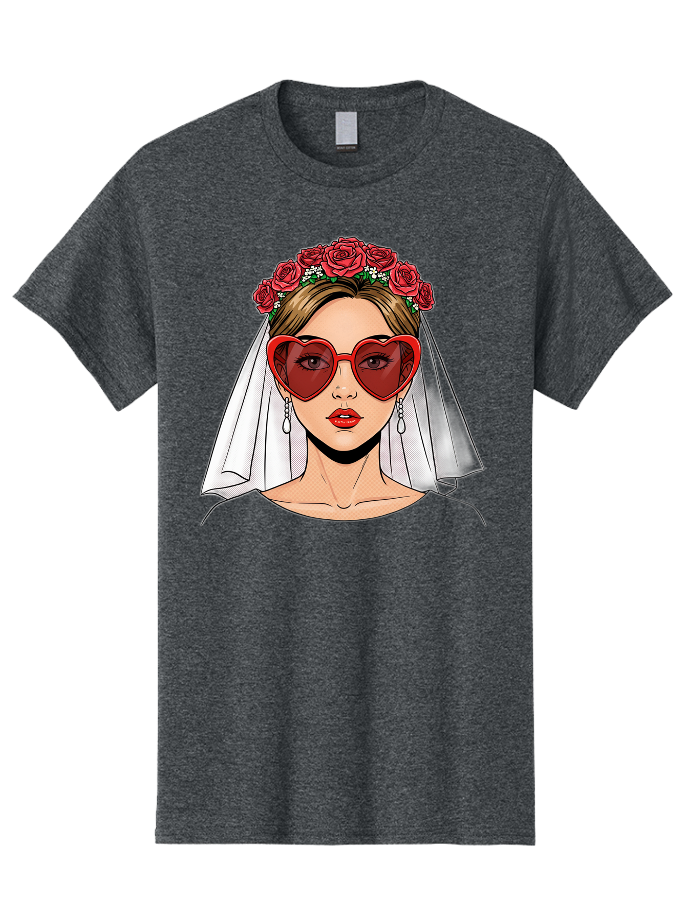 Bride-With-Heart-Shaped-Sunglasses Men'S Graphic Tee, 100% Cotton, Comfortable Casual Summer Wear, Machine Washable, Bride With Red Heart-Shaped Sunglasses, Floral Crown, White Veil, Earrings, Red Lipstick, Modern Wedding Fashion, Baa232