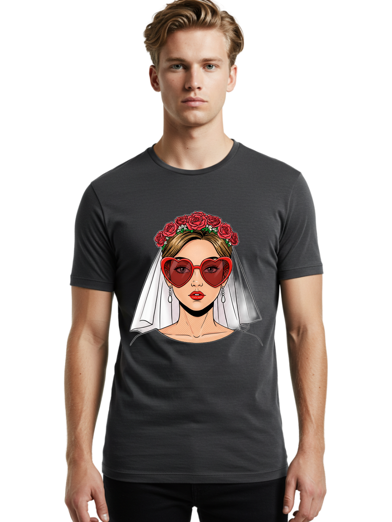 Bride-With-Heart-Shaped-Sunglasses Men'S Graphic Tee, 100% Cotton, Comfortable Casual Summer Wear, Machine Washable, Bride With Red Heart-Shaped Sunglasses, Floral Crown, White Veil, Earrings, Red Lipstick, Modern Wedding Fashion, Baa232
