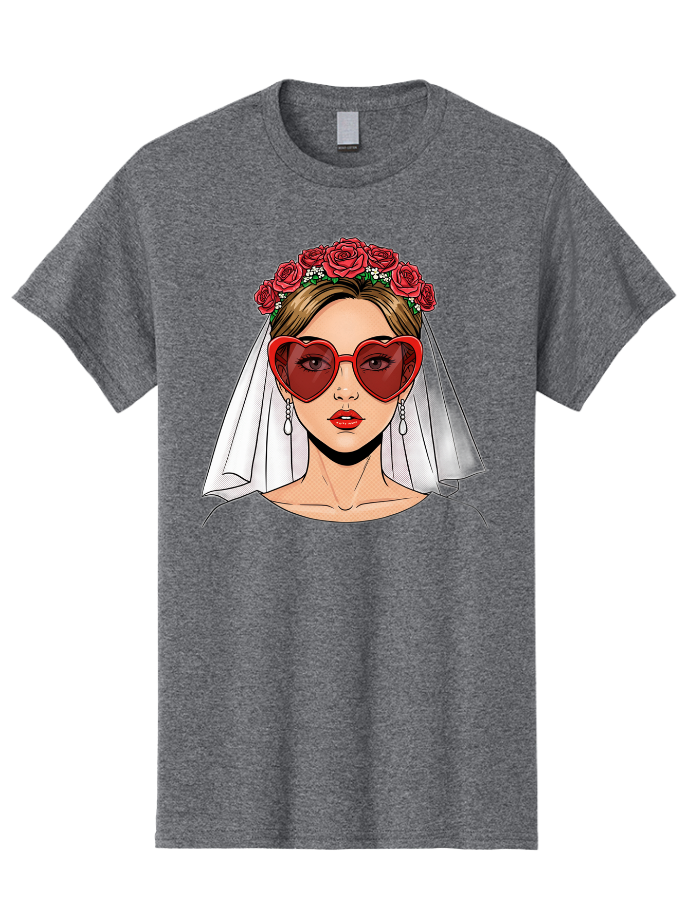 Bride-With-Heart-Shaped-Sunglasses Men'S Graphic Tee, 100% Cotton, Comfortable Casual Summer Wear, Machine Washable, Bride With Red Heart-Shaped Sunglasses, Floral Crown, White Veil, Earrings, Red Lipstick, Modern Wedding Fashion, Baa232