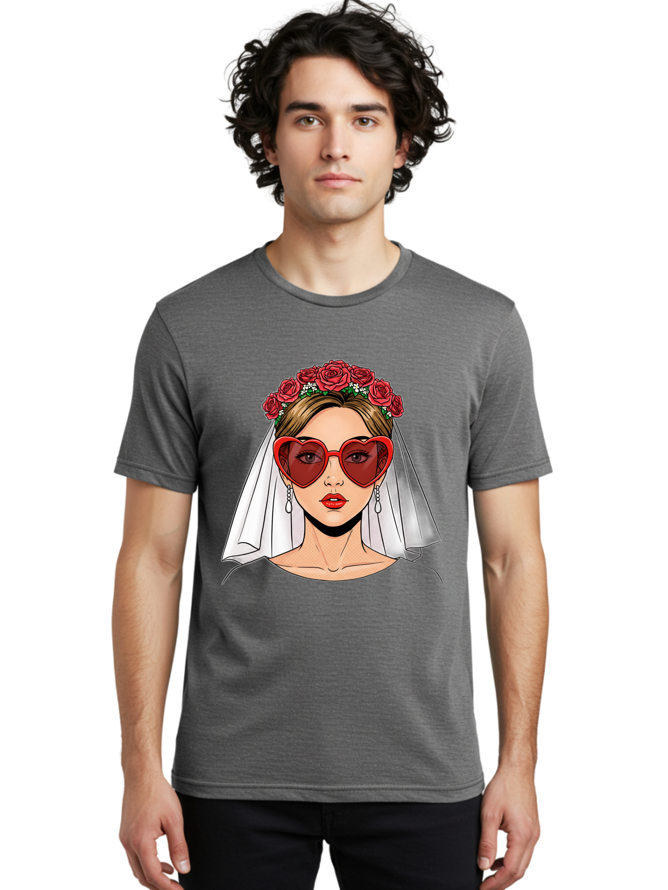 Bride-With-Heart-Shaped-Sunglasses Men'S Graphic Tee, 100% Cotton, Comfortable Casual Summer Wear, Machine Washable, Bride With Red Heart-Shaped Sunglasses, Floral Crown, White Veil, Earrings, Red Lipstick, Modern Wedding Fashion, Baa232