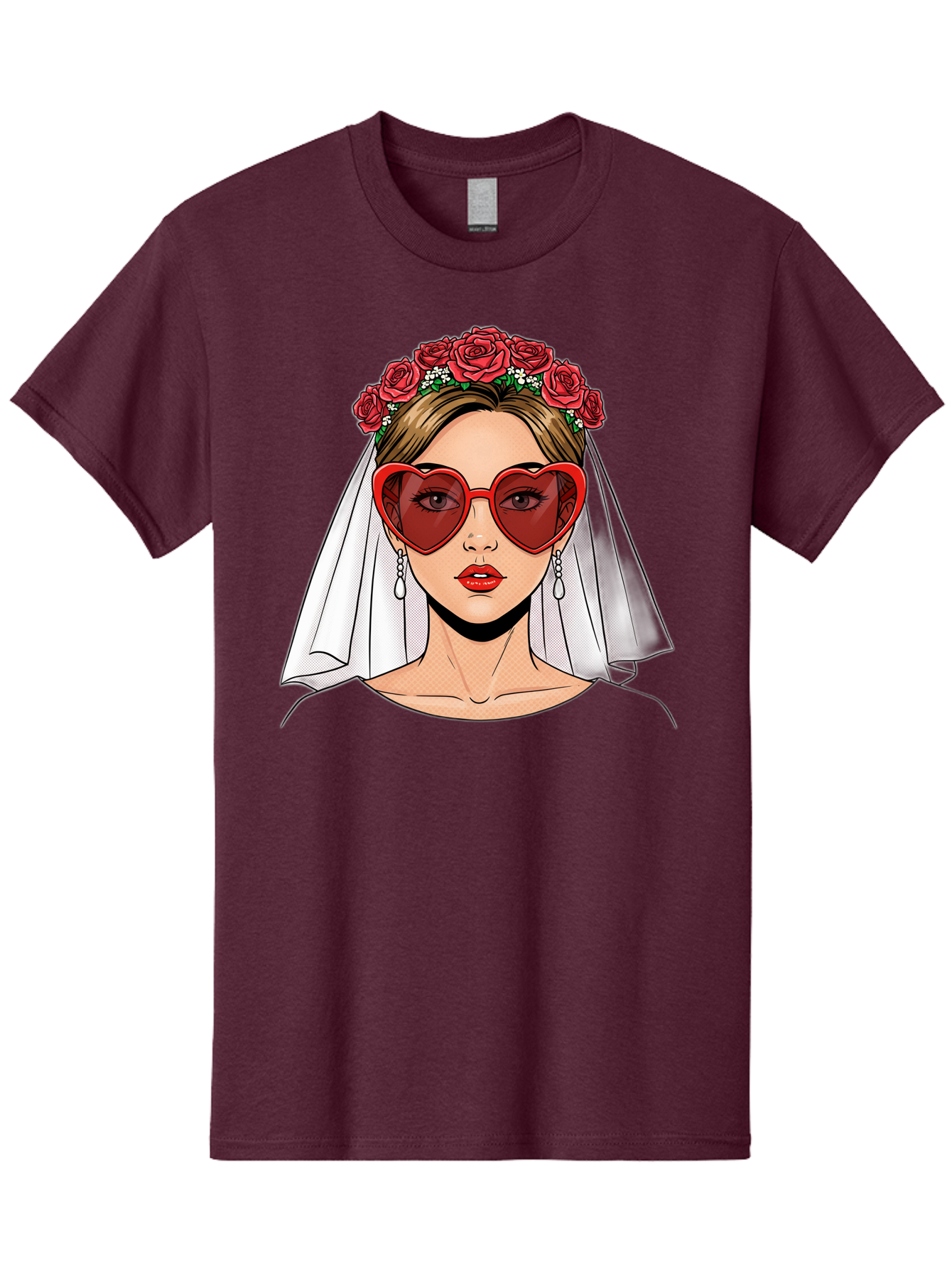 Bride-With-Heart-Shaped-Sunglasses Men'S Graphic Tee, 100% Cotton, Comfortable Casual Summer Wear, Machine Washable, Bride With Red Heart-Shaped Sunglasses, Floral Crown, White Veil, Earrings, Red Lipstick, Modern Wedding Fashion, Baa232
