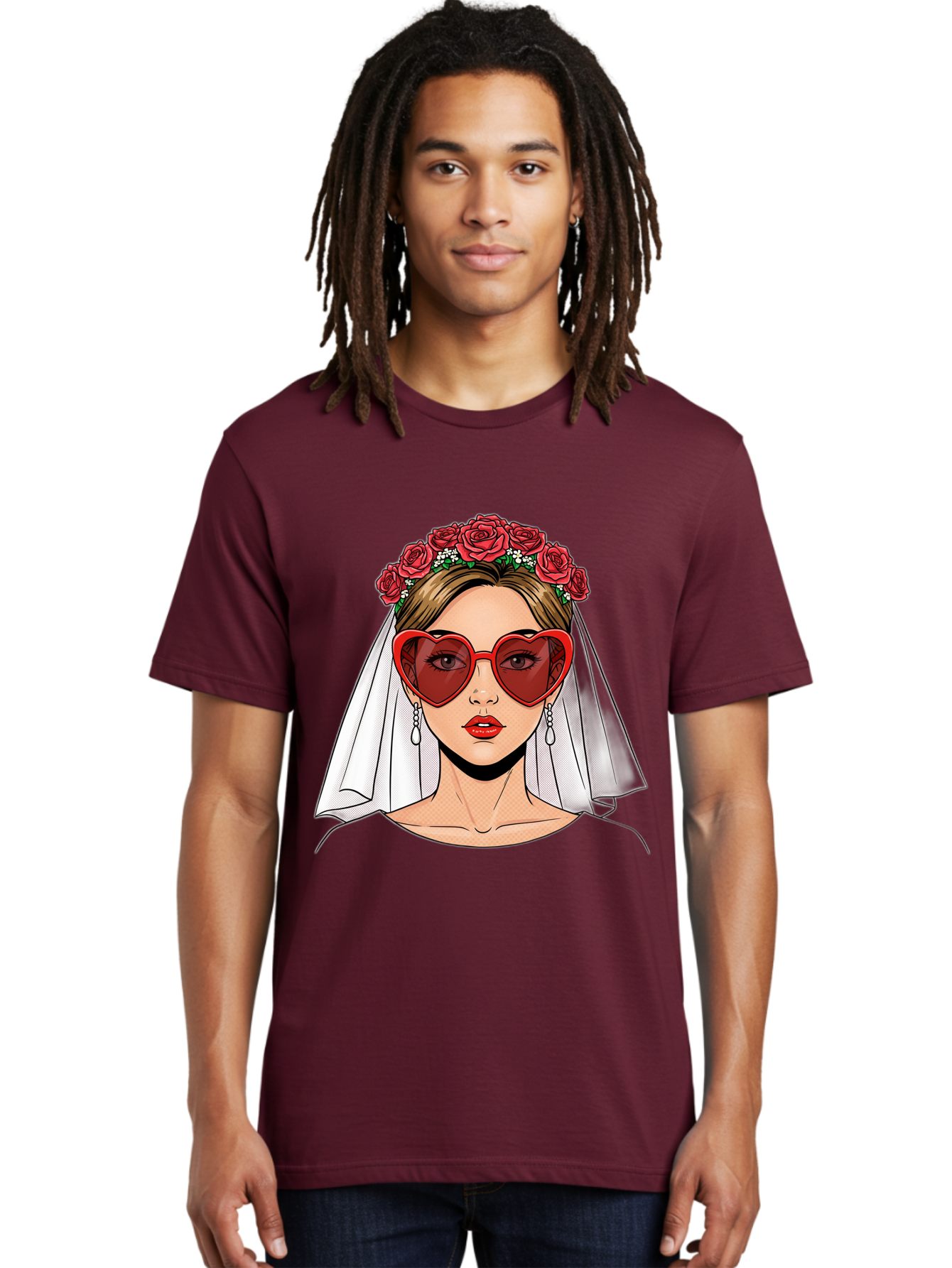 Bride-With-Heart-Shaped-Sunglasses Men'S Graphic Tee, 100% Cotton, Comfortable Casual Summer Wear, Machine Washable, Bride With Red Heart-Shaped Sunglasses, Floral Crown, White Veil, Earrings, Red Lipstick, Modern Wedding Fashion, Baa232