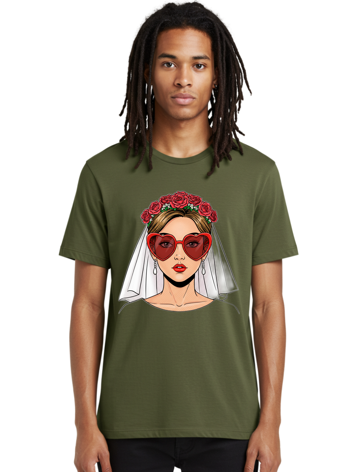 Bride-With-Heart-Shaped-Sunglasses Men'S Graphic Tee, 100% Cotton, Comfortable Casual Summer Wear, Machine Washable, Bride With Red Heart-Shaped Sunglasses, Floral Crown, White Veil, Earrings, Red Lipstick, Modern Wedding Fashion, Baa232