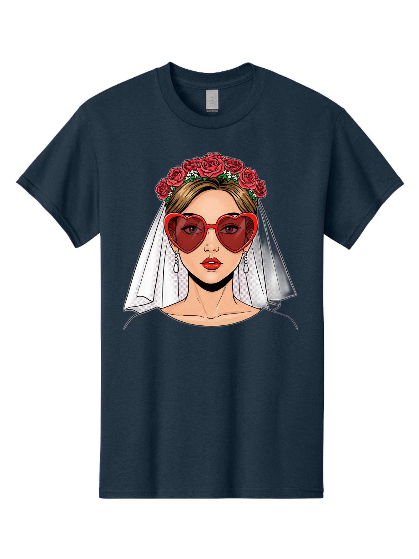 Bride-With-Heart-Shaped-Sunglasses Men'S Graphic Tee, 100% Cotton, Comfortable Casual Summer Wear, Machine Washable, Bride With Red Heart-Shaped Sunglasses, Floral Crown, White Veil, Earrings, Red Lipstick, Modern Wedding Fashion, Baa232