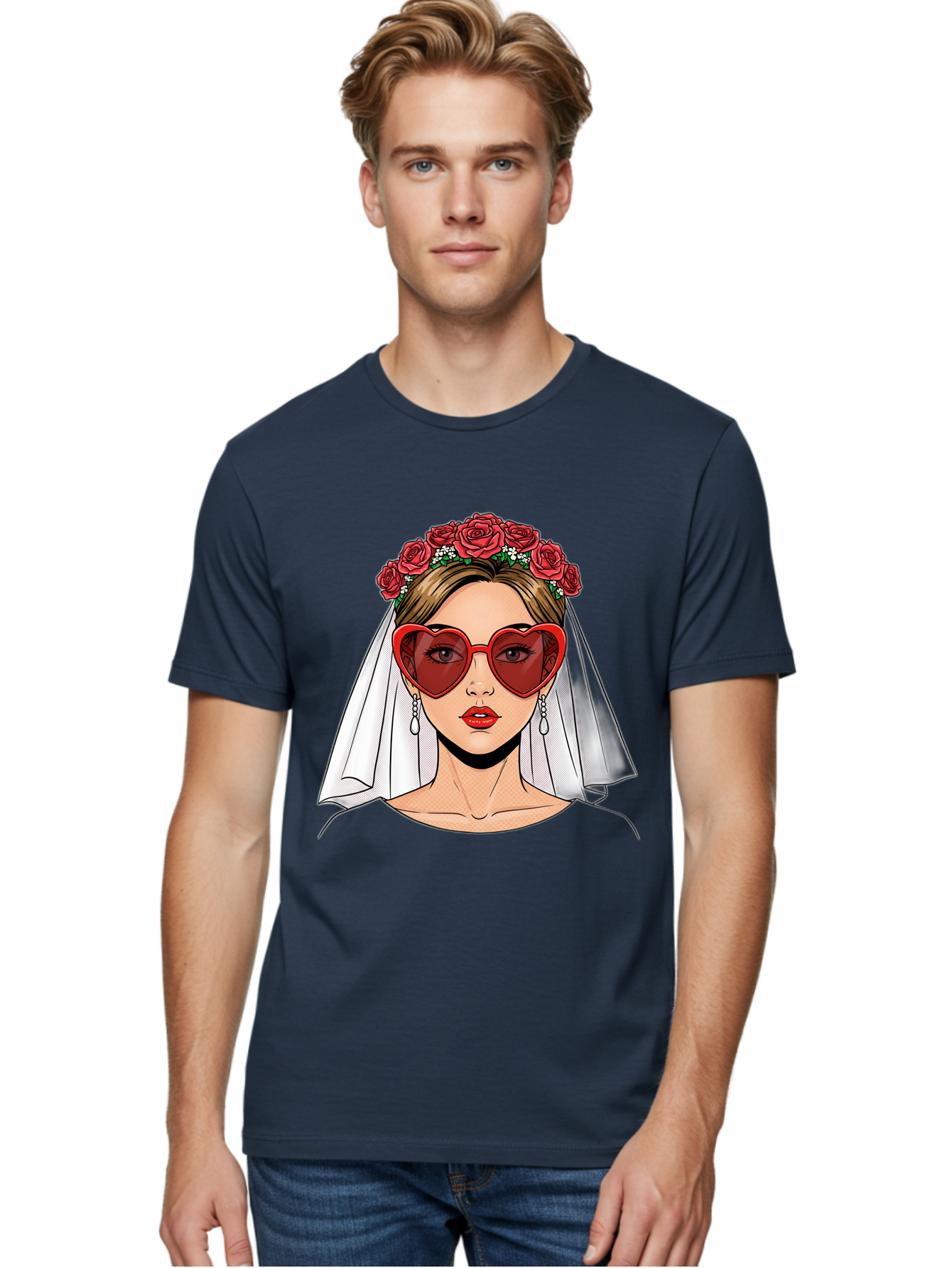 Bride-With-Heart-Shaped-Sunglasses Men'S Graphic Tee, 100% Cotton, Comfortable Casual Summer Wear, Machine Washable, Bride With Red Heart-Shaped Sunglasses, Floral Crown, White Veil, Earrings, Red Lipstick, Modern Wedding Fashion, Baa232