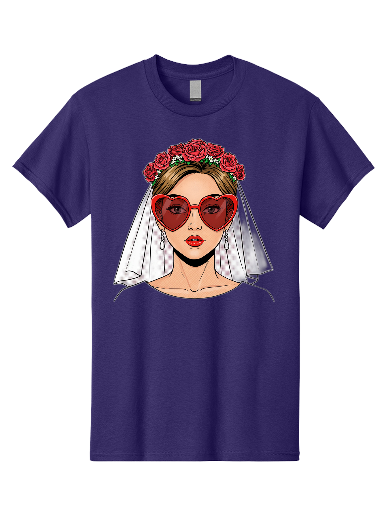 Bride-With-Heart-Shaped-Sunglasses Men'S Graphic Tee, 100% Cotton, Comfortable Casual Summer Wear, Machine Washable, Bride With Red Heart-Shaped Sunglasses, Floral Crown, White Veil, Earrings, Red Lipstick, Modern Wedding Fashion, Baa232