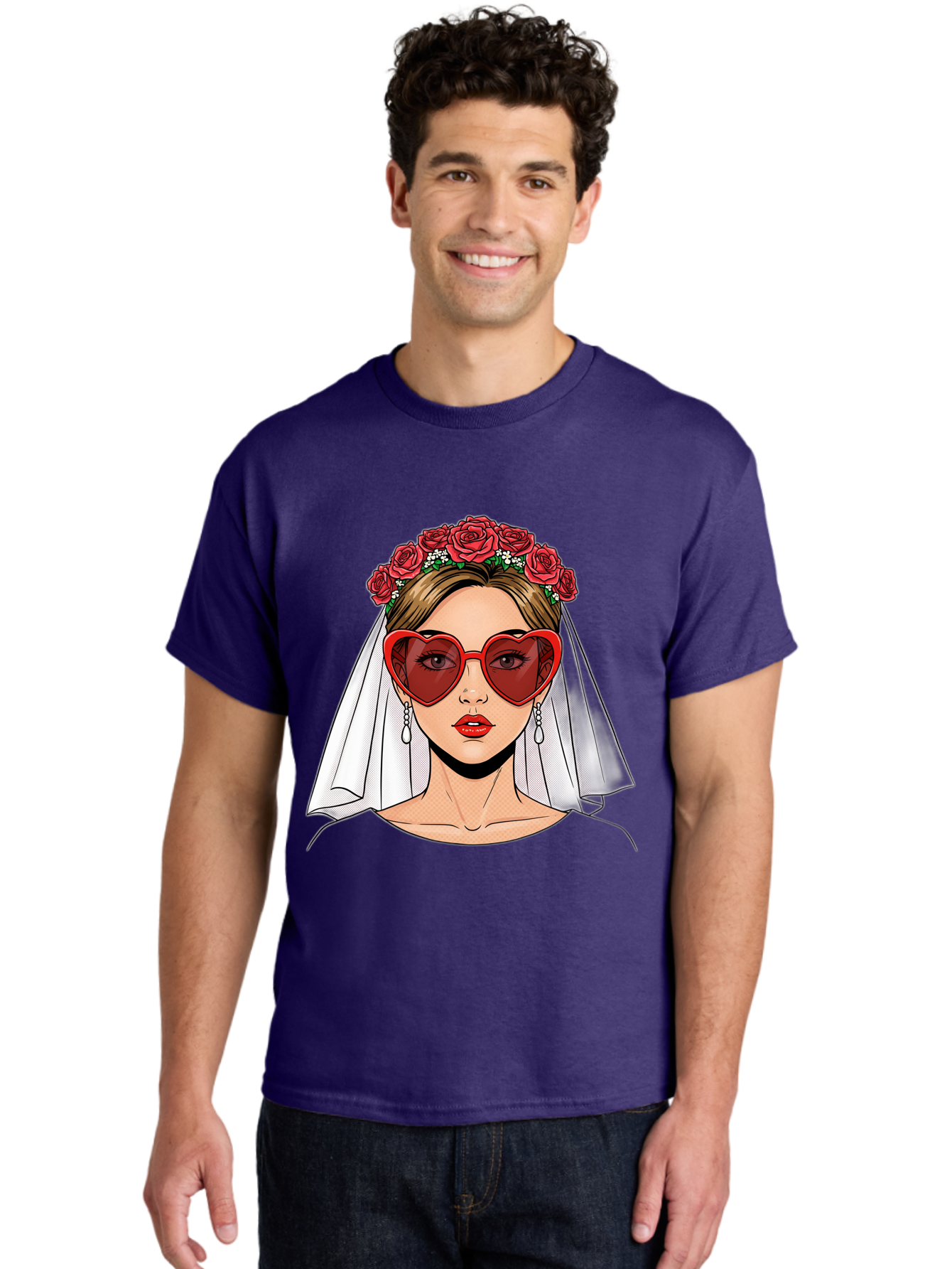 Bride-With-Heart-Shaped-Sunglasses Men'S Graphic Tee, 100% Cotton, Comfortable Casual Summer Wear, Machine Washable, Bride With Red Heart-Shaped Sunglasses, Floral Crown, White Veil, Earrings, Red Lipstick, Modern Wedding Fashion, Baa232