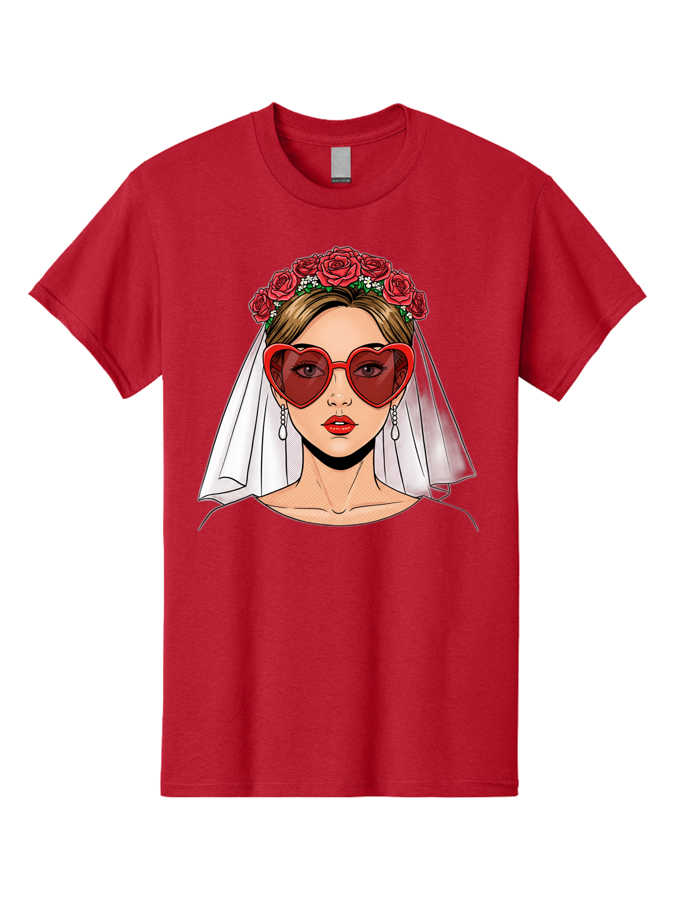 Bride-With-Heart-Shaped-Sunglasses Men'S Graphic Tee, 100% Cotton, Comfortable Casual Summer Wear, Machine Washable, Bride With Red Heart-Shaped Sunglasses, Floral Crown, White Veil, Earrings, Red Lipstick, Modern Wedding Fashion, Baa232
