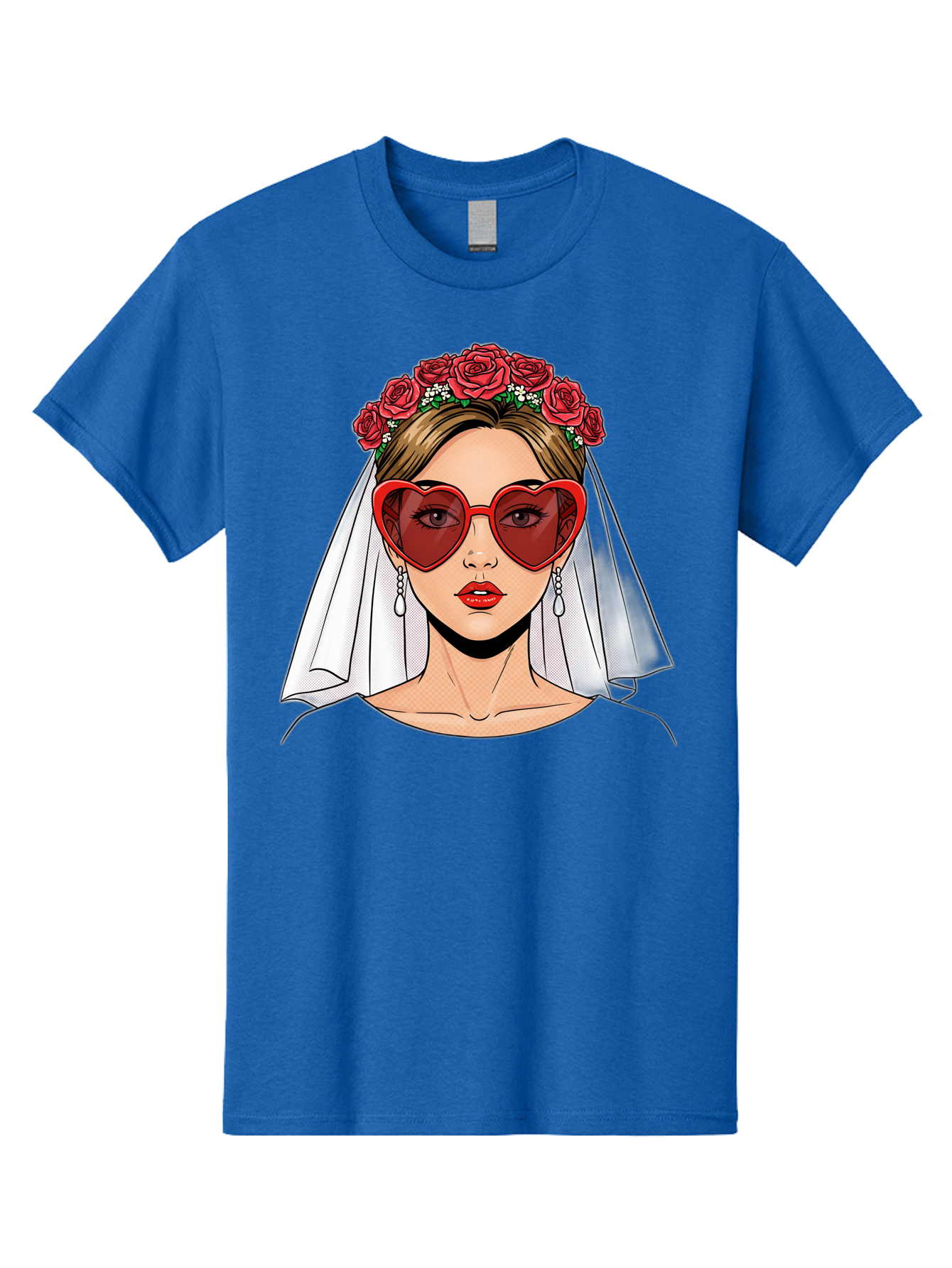 Bride-With-Heart-Shaped-Sunglasses Men'S Graphic Tee, 100% Cotton, Comfortable Casual Summer Wear, Machine Washable, Bride With Red Heart-Shaped Sunglasses, Floral Crown, White Veil, Earrings, Red Lipstick, Modern Wedding Fashion, Baa232