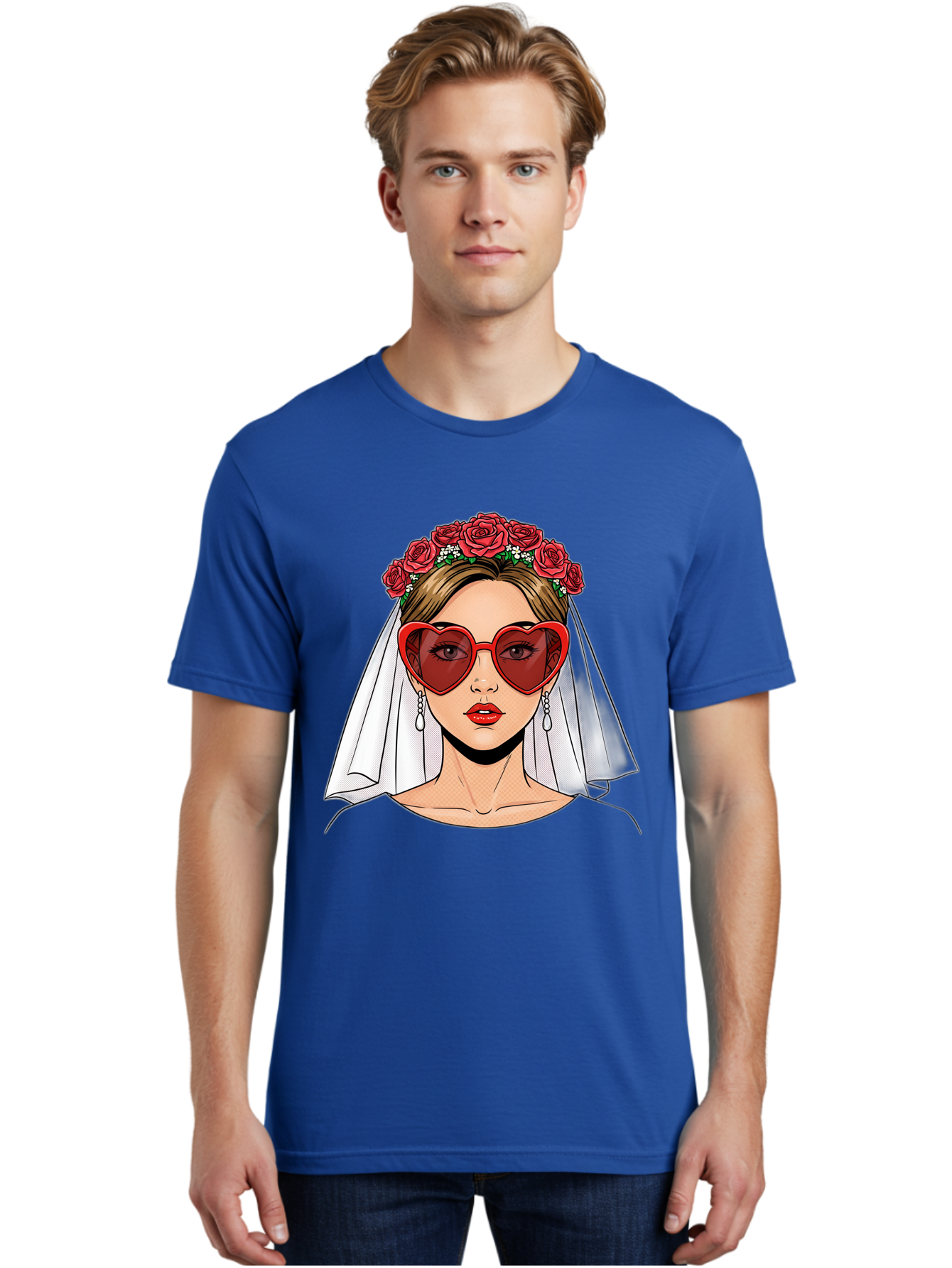 Bride-With-Heart-Shaped-Sunglasses Men'S Graphic Tee, 100% Cotton, Comfortable Casual Summer Wear, Machine Washable, Bride With Red Heart-Shaped Sunglasses, Floral Crown, White Veil, Earrings, Red Lipstick, Modern Wedding Fashion, Baa232