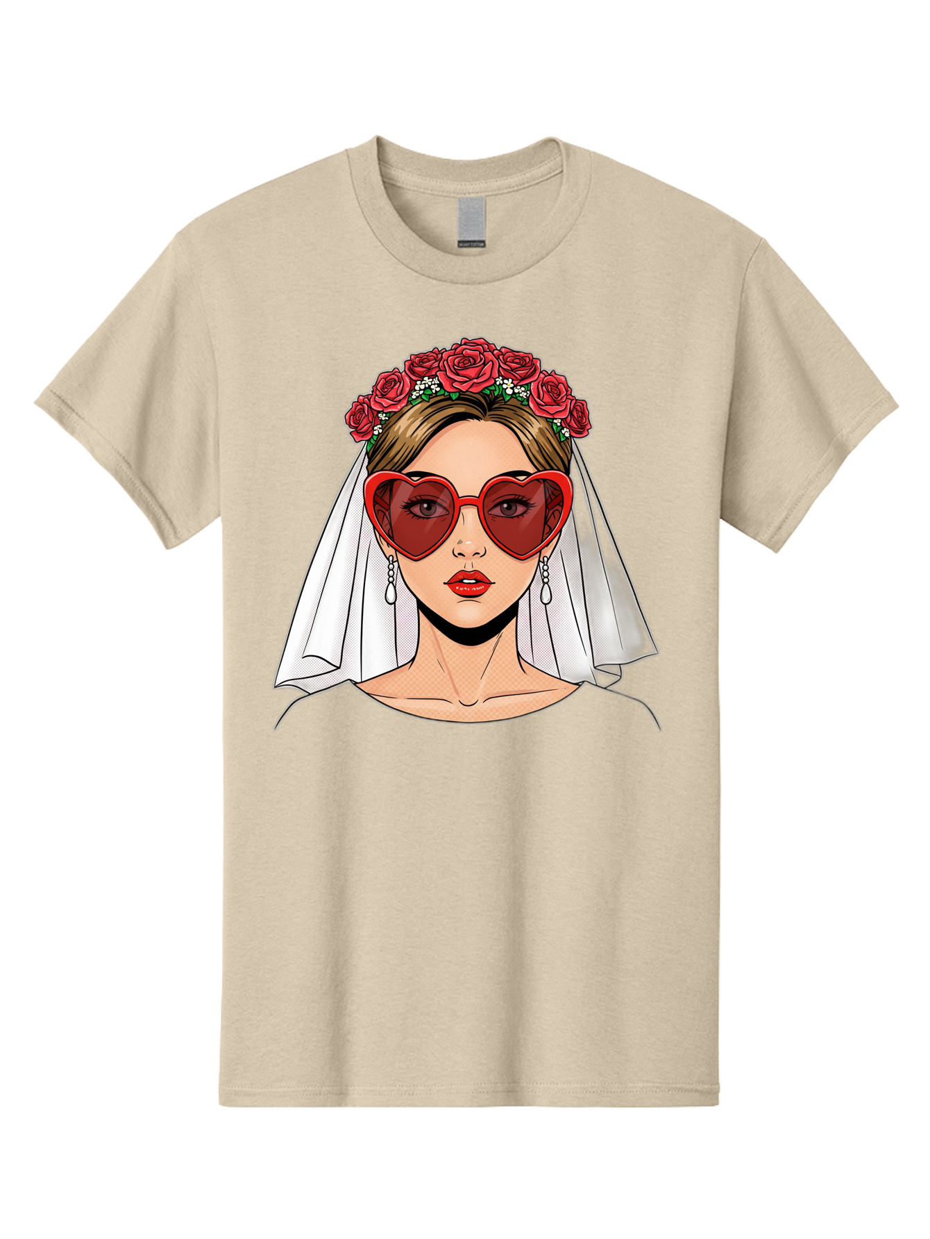 Bride-With-Heart-Shaped-Sunglasses Men'S Graphic Tee, 100% Cotton, Comfortable Casual Summer Wear, Machine Washable, Bride With Red Heart-Shaped Sunglasses, Floral Crown, White Veil, Earrings, Red Lipstick, Modern Wedding Fashion, Baa232