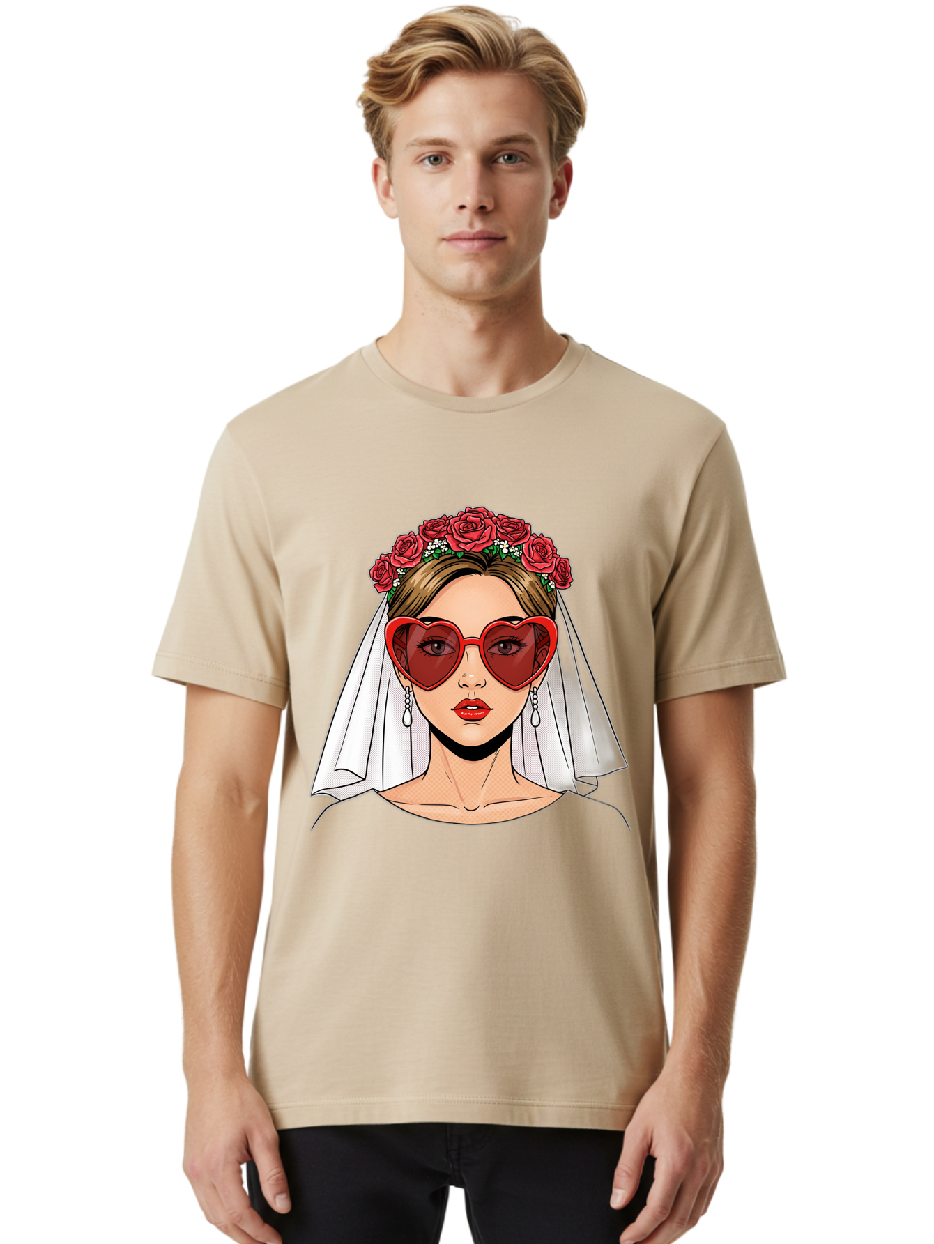 Bride-With-Heart-Shaped-Sunglasses Men'S Graphic Tee, 100% Cotton, Comfortable Casual Summer Wear, Machine Washable, Bride With Red Heart-Shaped Sunglasses, Floral Crown, White Veil, Earrings, Red Lipstick, Modern Wedding Fashion, Baa232